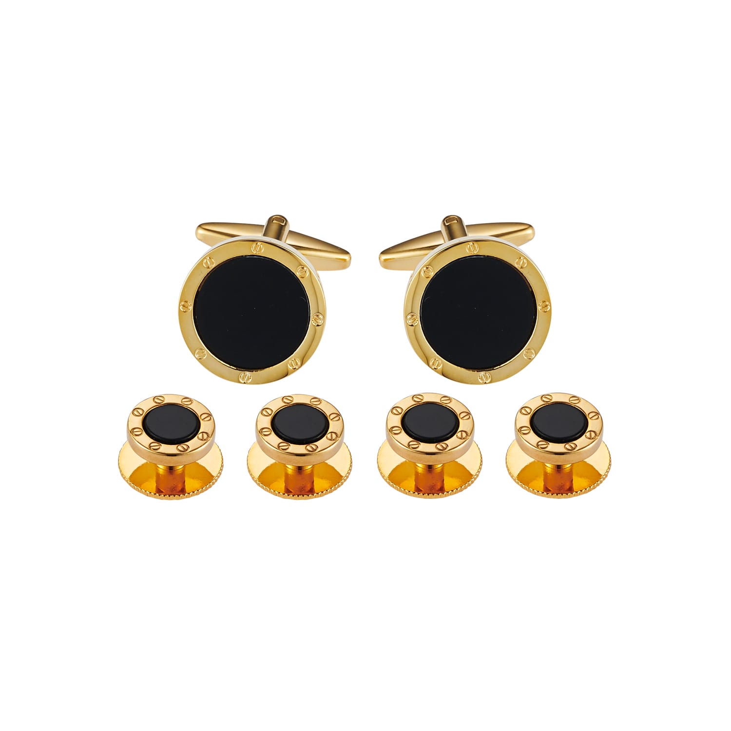 Cufflinks & Dress Studs: Round Screw Design, Gold Plated + Onyx Inlay (240-21 + 405-57, set 6)