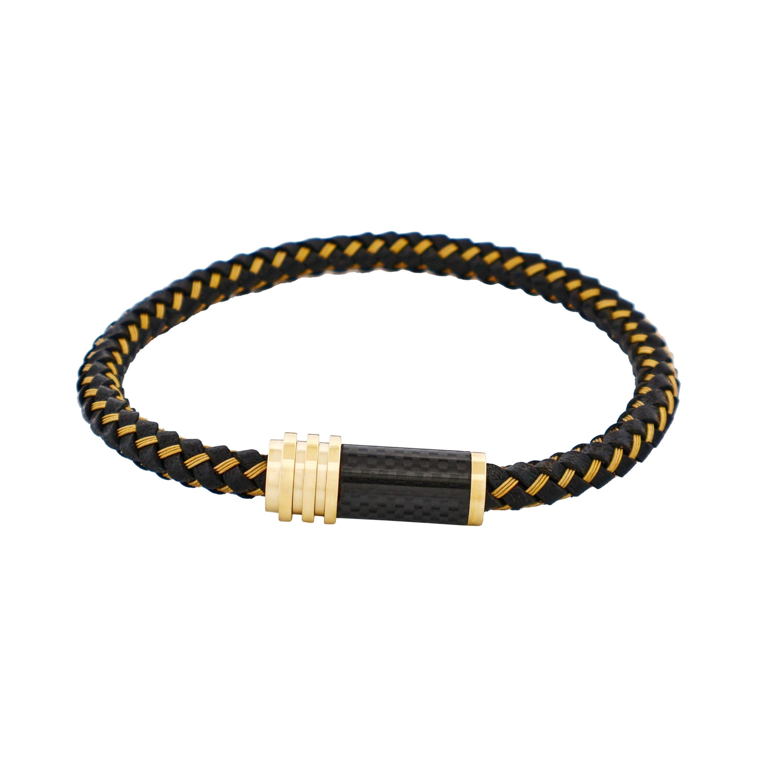 Stainless SteelIon Plated Gold & Black Leather Cable Carbon Fibre Bracelet