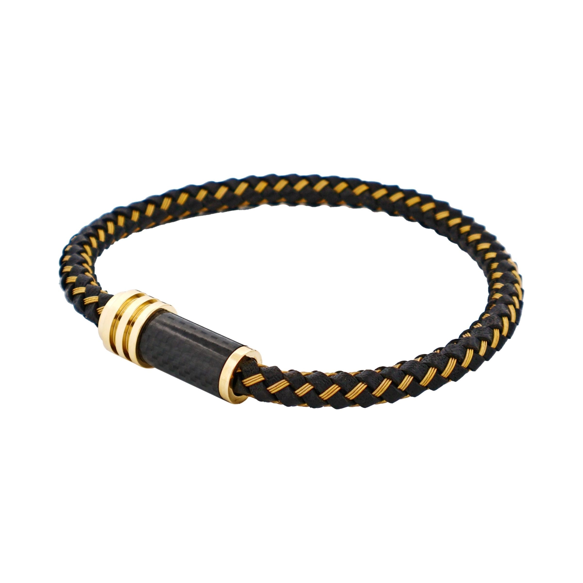 Stainless SteelIon Plated Gold & Black Leather Cable Carbon Fibre Bracelet