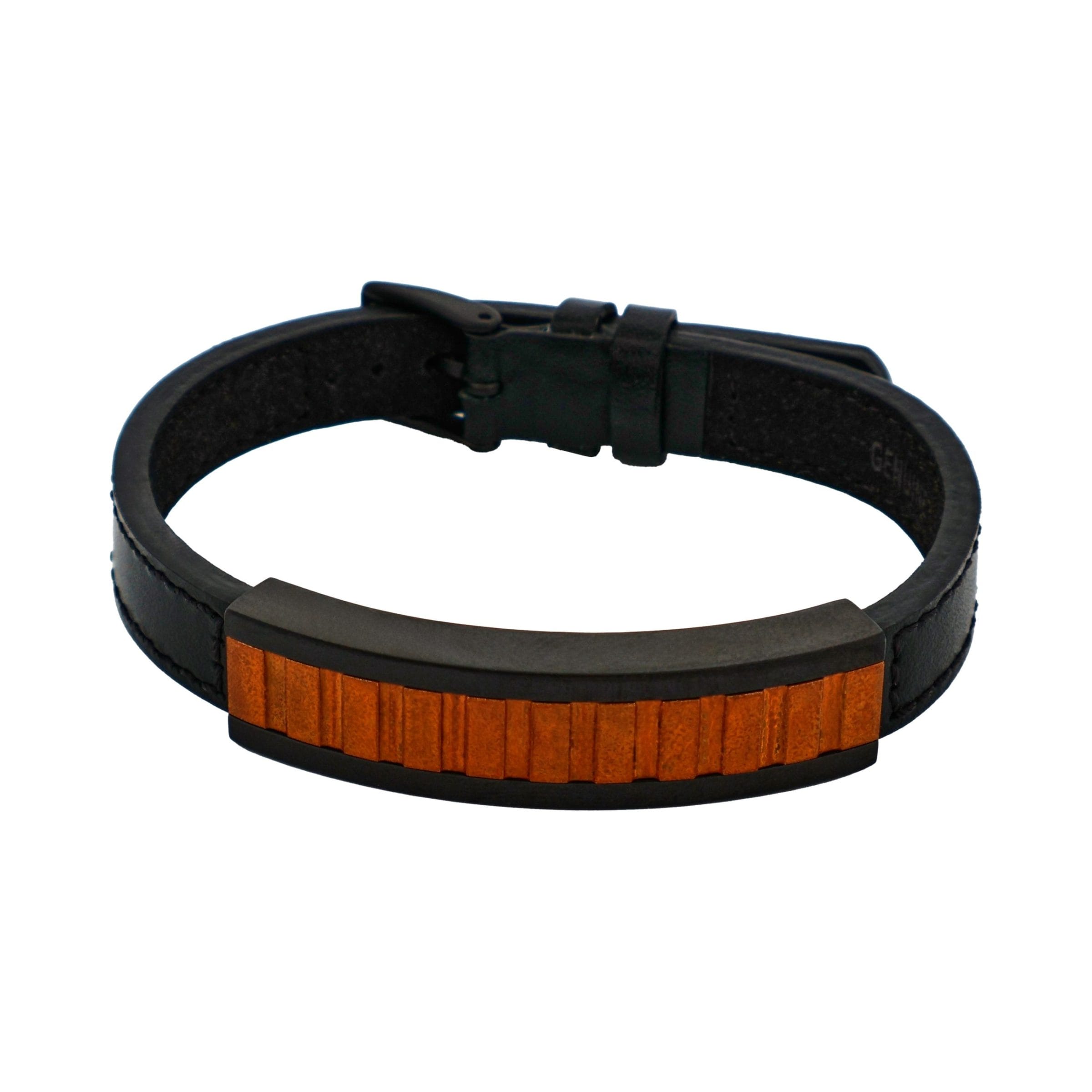 Ion Plated Antique Black Stainless Steel Bracelet with Rusted Steel Inlay on Adjustable Leather Strap