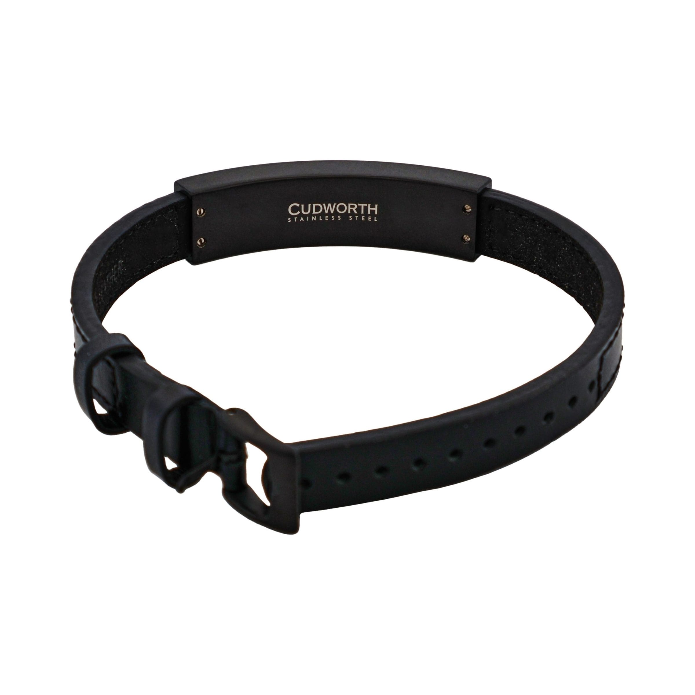 Ion Plated Antique Black Stainless Steel Bracelet with Rusted Steel Inlay on Adjustable Leather Strap