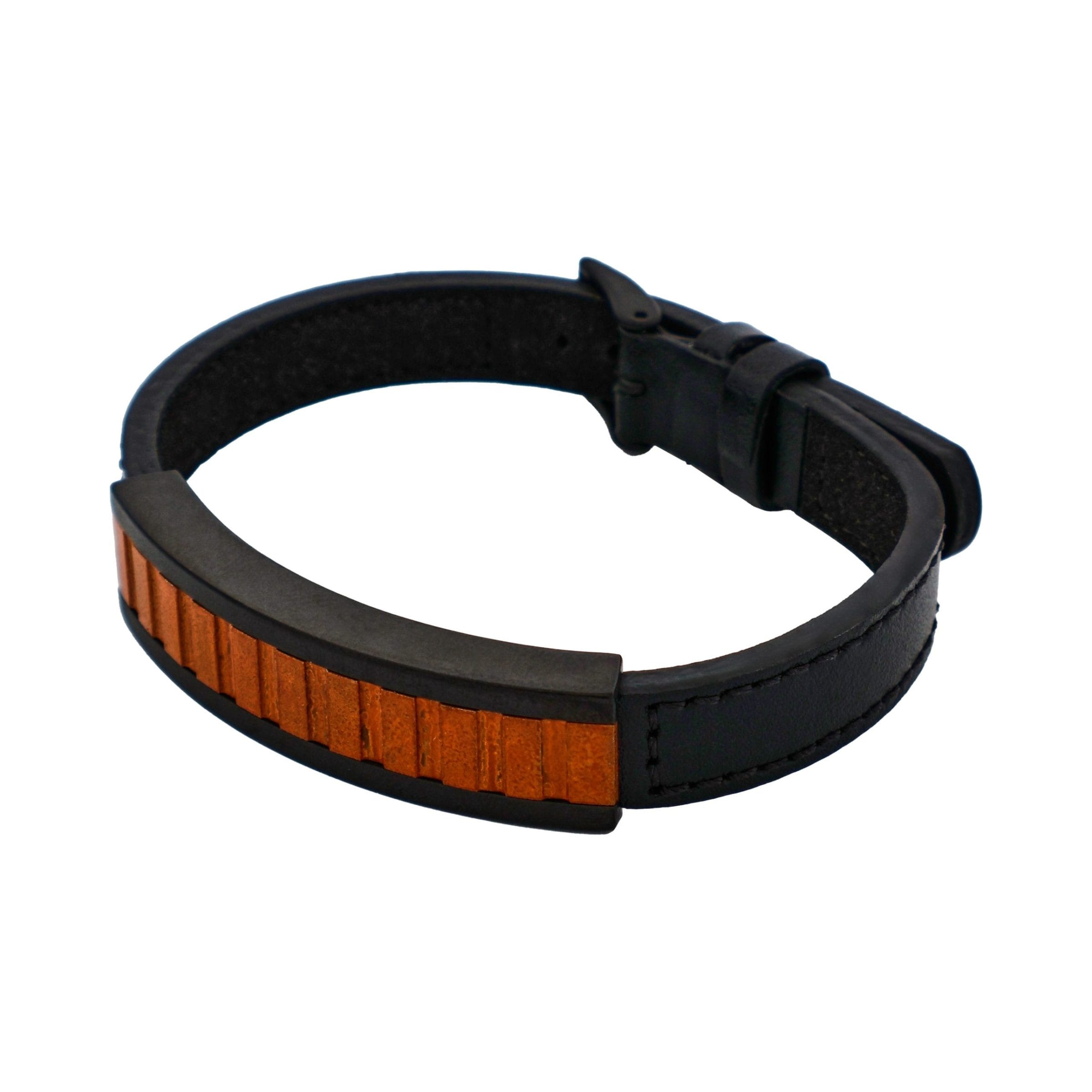 Ion Plated Antique Black Stainless Steel Bracelet with Rusted Steel Inlay on Adjustable Leather Strap