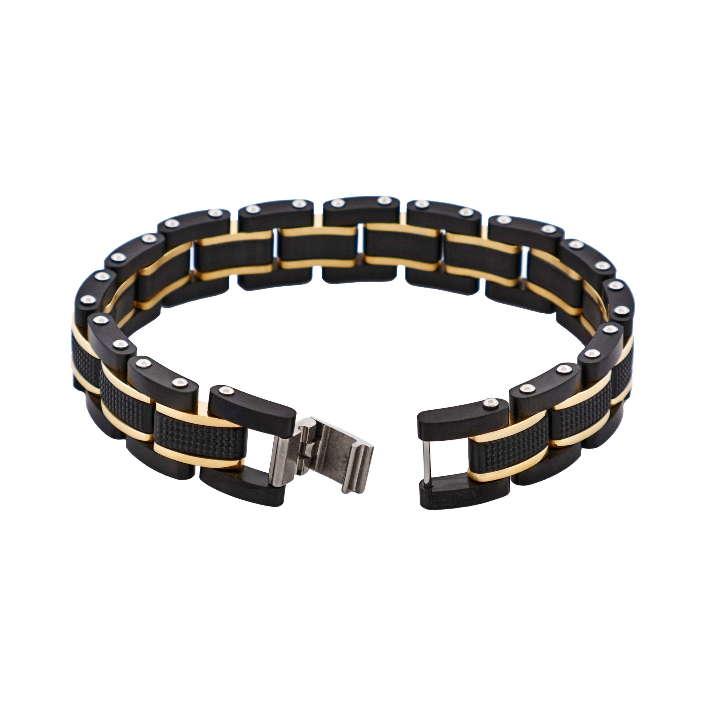Stainless Steel & Ion Plated Black &Ion Plated 14k Gold Link Bracelet
