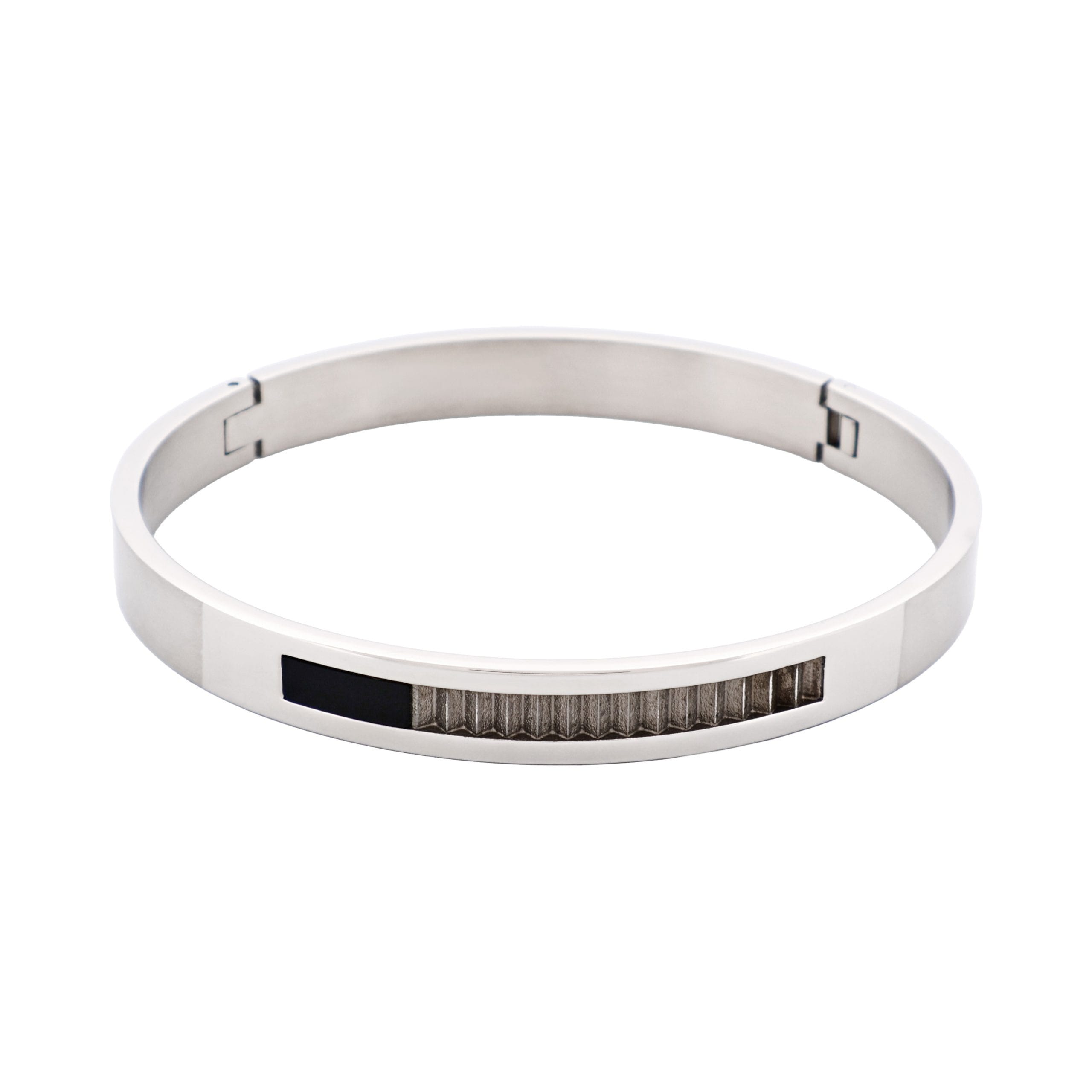 Brushed & Polished Stainless Steel Bangle with Onyx & A Raw Corrugated Inlay