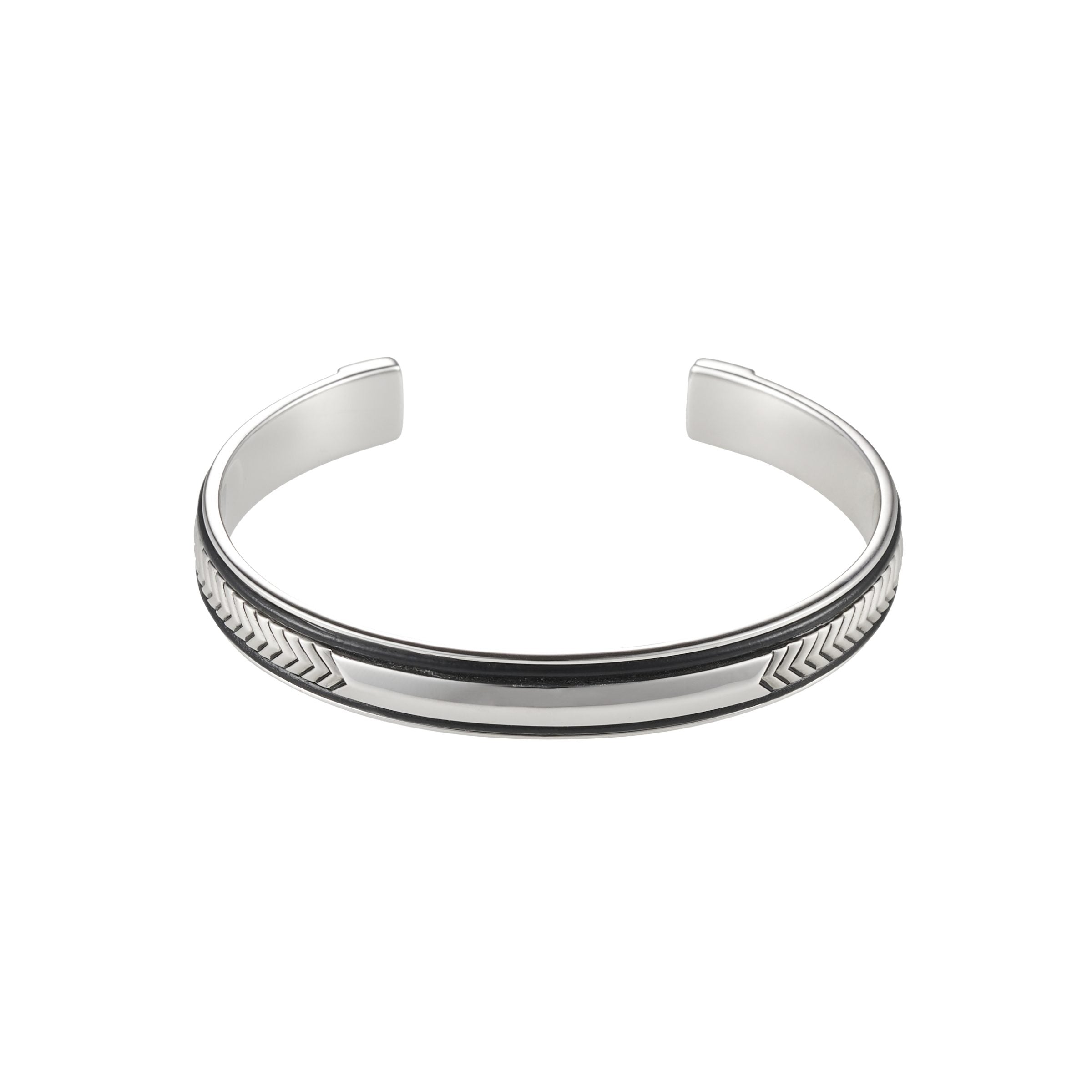 Rhodium Plated Sterling Silver, Leather Trim Id Cuff/Bangle