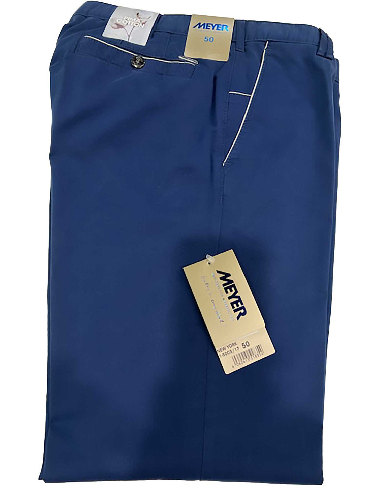 Meyer New York-5003/17  https://harrysformenswear.com.au/products/meyer-new-york-5003-17  Meyer Casual Trousers are the perfect fit Invisible comfort created by high-performance super-stretch fabrics. 97% Cotton 3% Elastane Made in Romania Two side pockets with rear jetted pockets Fob pocket with contrast trim Internal security pocket with zip Full-extension band with metal Clip + 2 buttons for a firm secur…