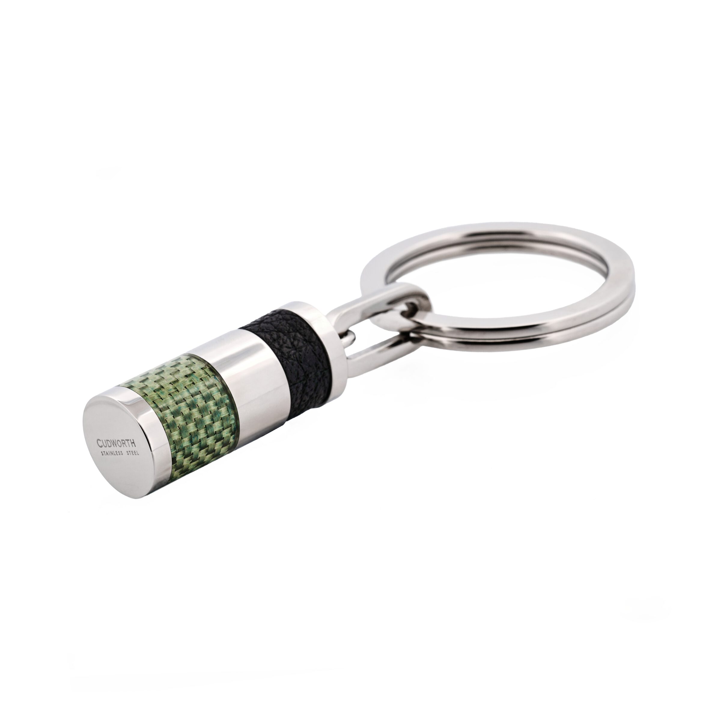Stainless Steel & Green Carbon & Leather Key Ring