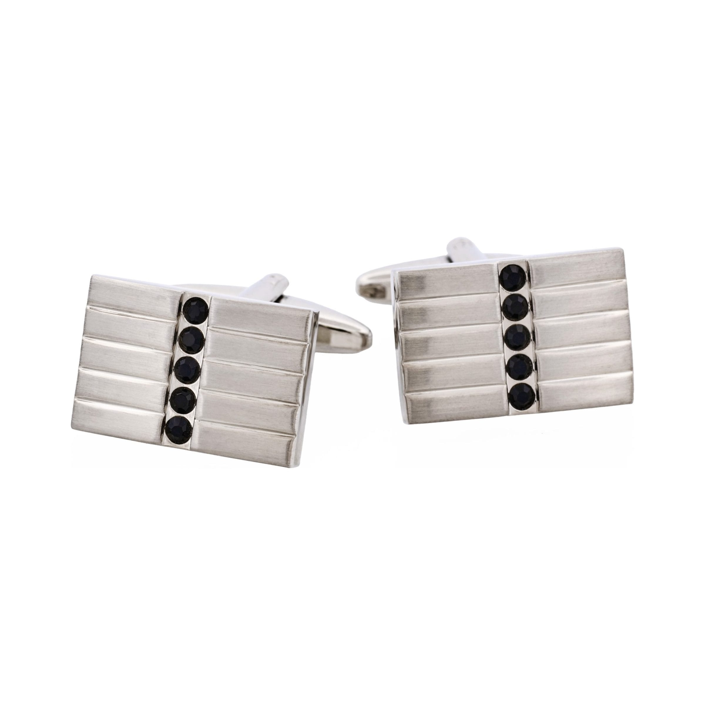 Brushed Rhodium Plated Rectangle Cufflinks with 5 Jet Black Crystals