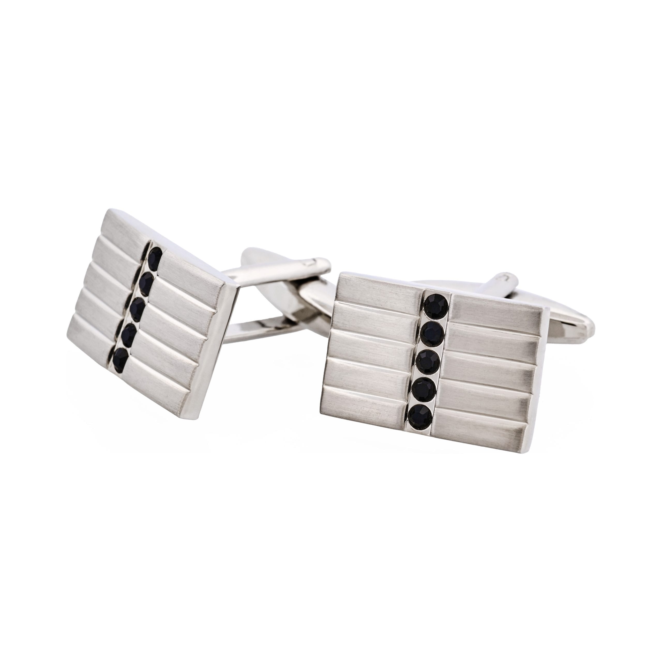Brushed Rhodium Plated Rectangle Cufflinks with 5 Jet Black Crystals