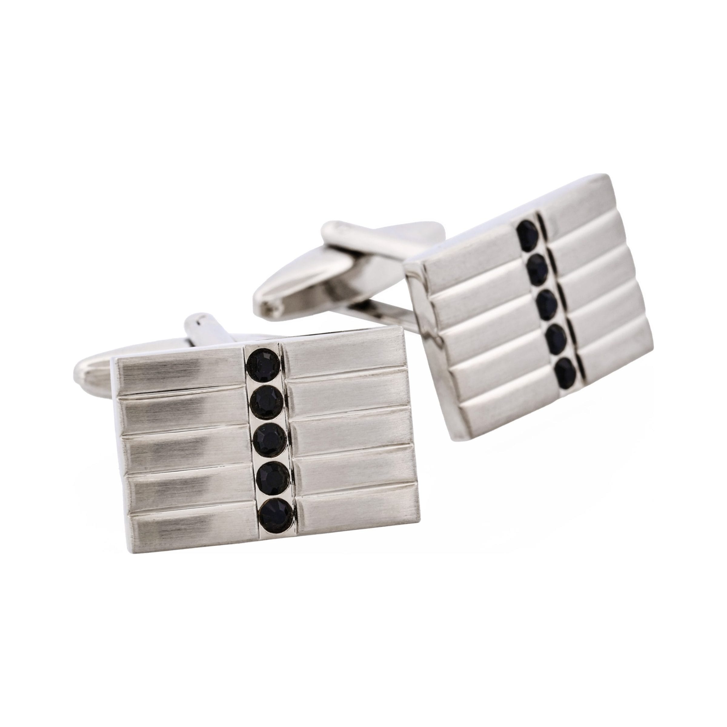 Brushed Rhodium Plated Rectangle Cufflinks with 5 Jet Black Crystals