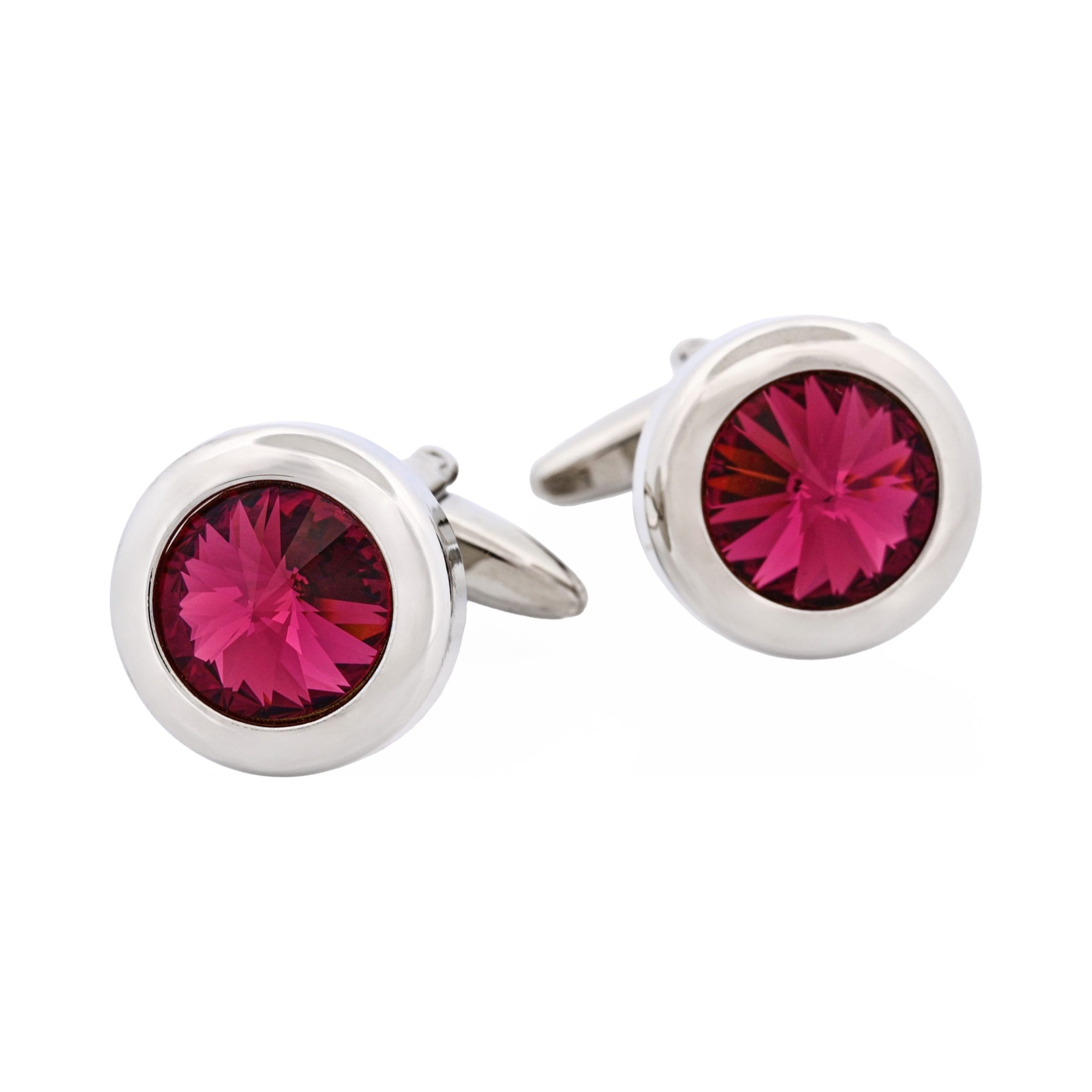 Rhodium Plated & Rose Quartz Crystal Round Cufflinks