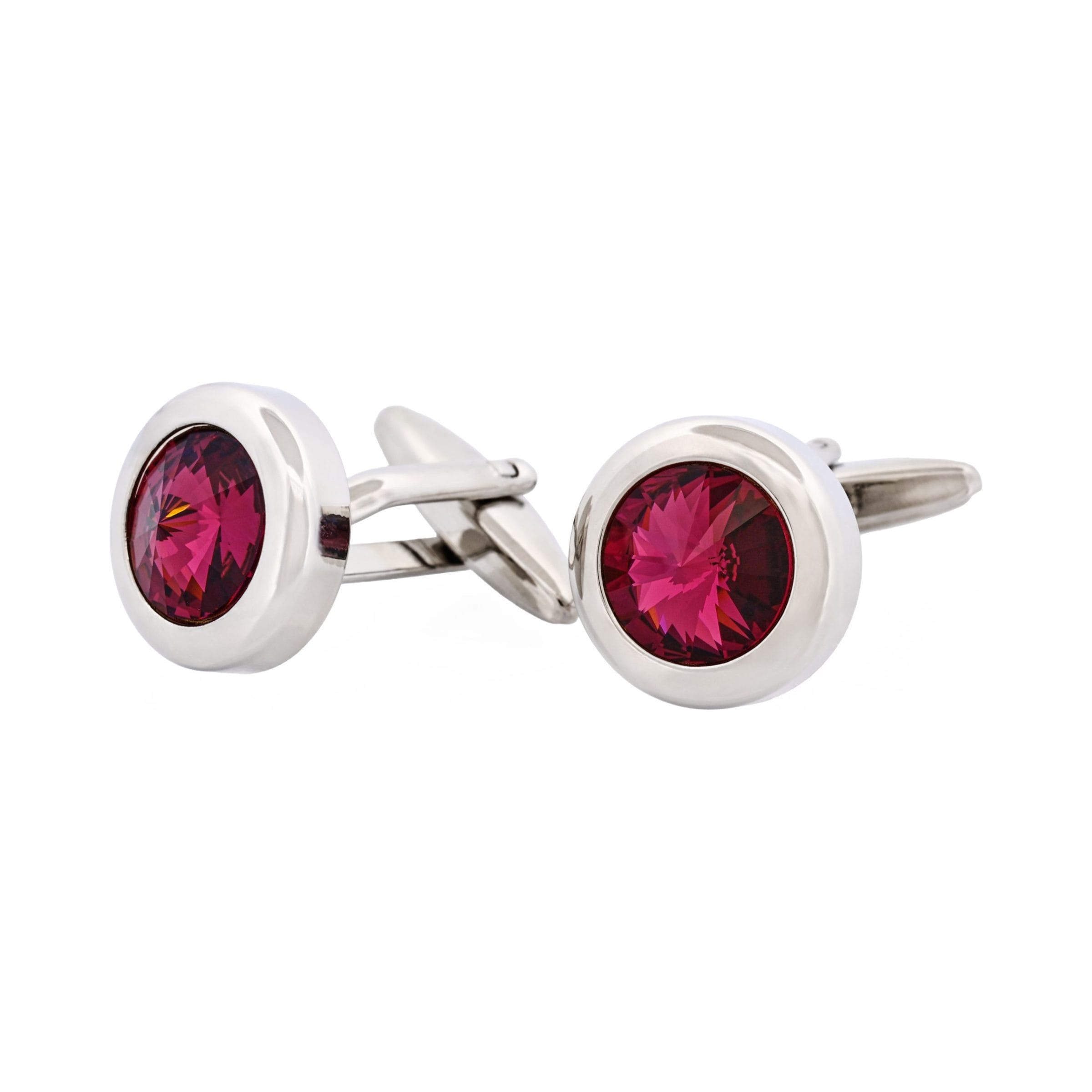Rhodium Plated & Rose Quartz Crystal Round Cufflinks