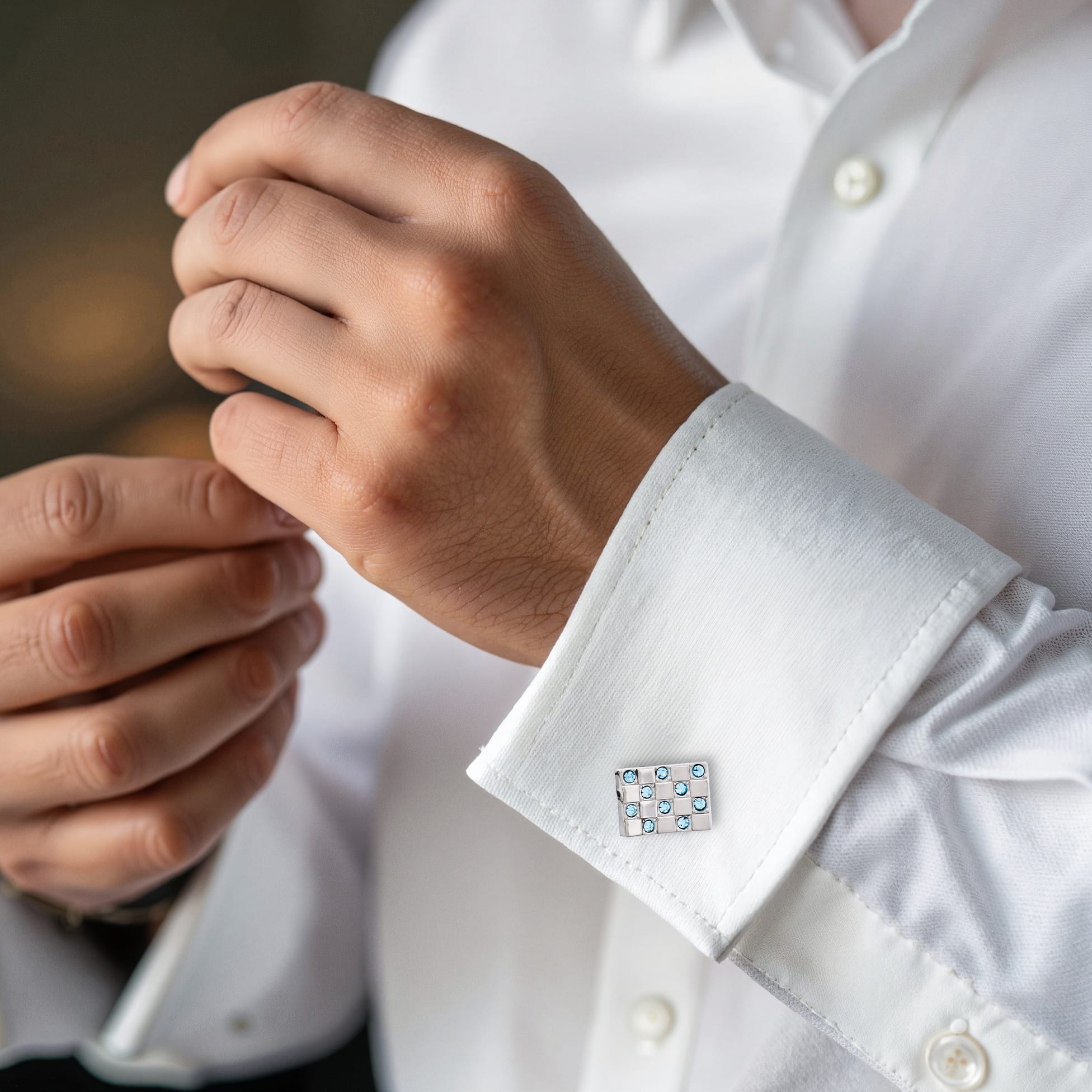 Aqua Marine Crystal Curved & Rhodium Plated Cufflinks