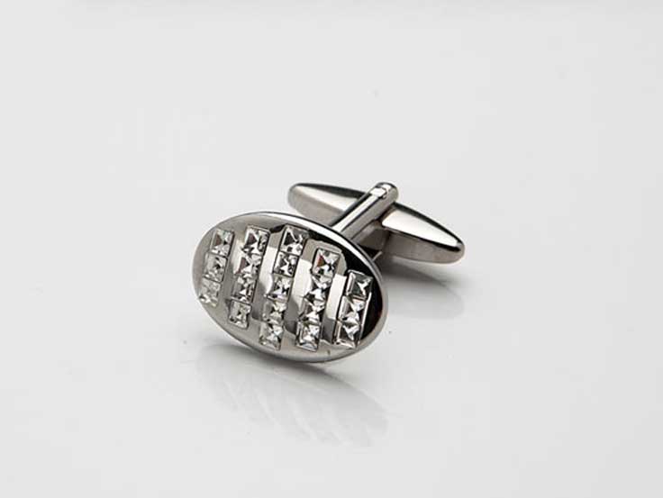 Rhodium Plated Oval Crystal Cufflinks