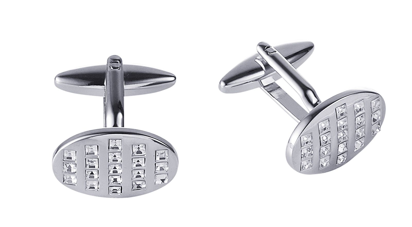 Rhodium Plated Oval Crystal Cufflinks