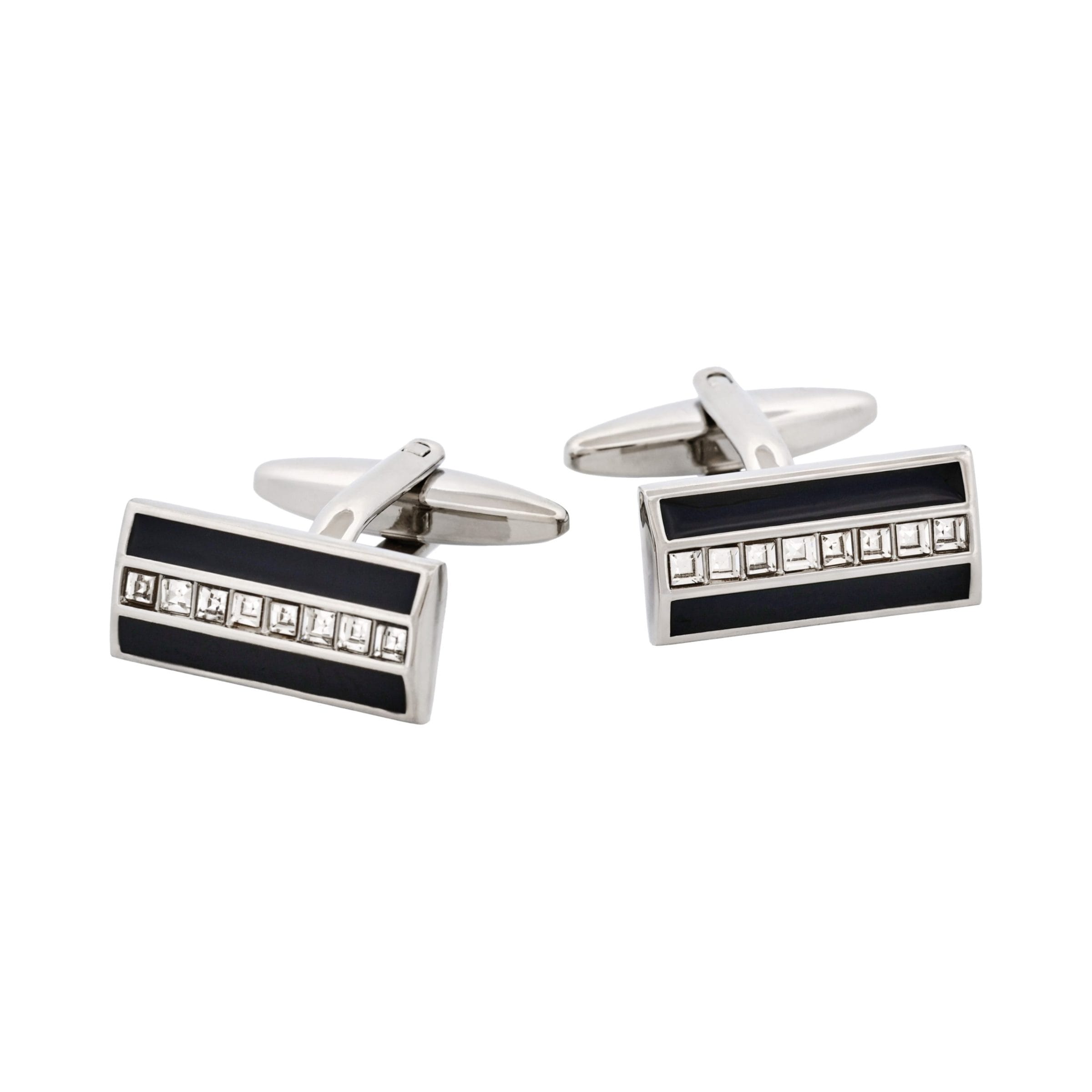 Rhodium Plated Onyx & Crystal Rectangle Cufflinks