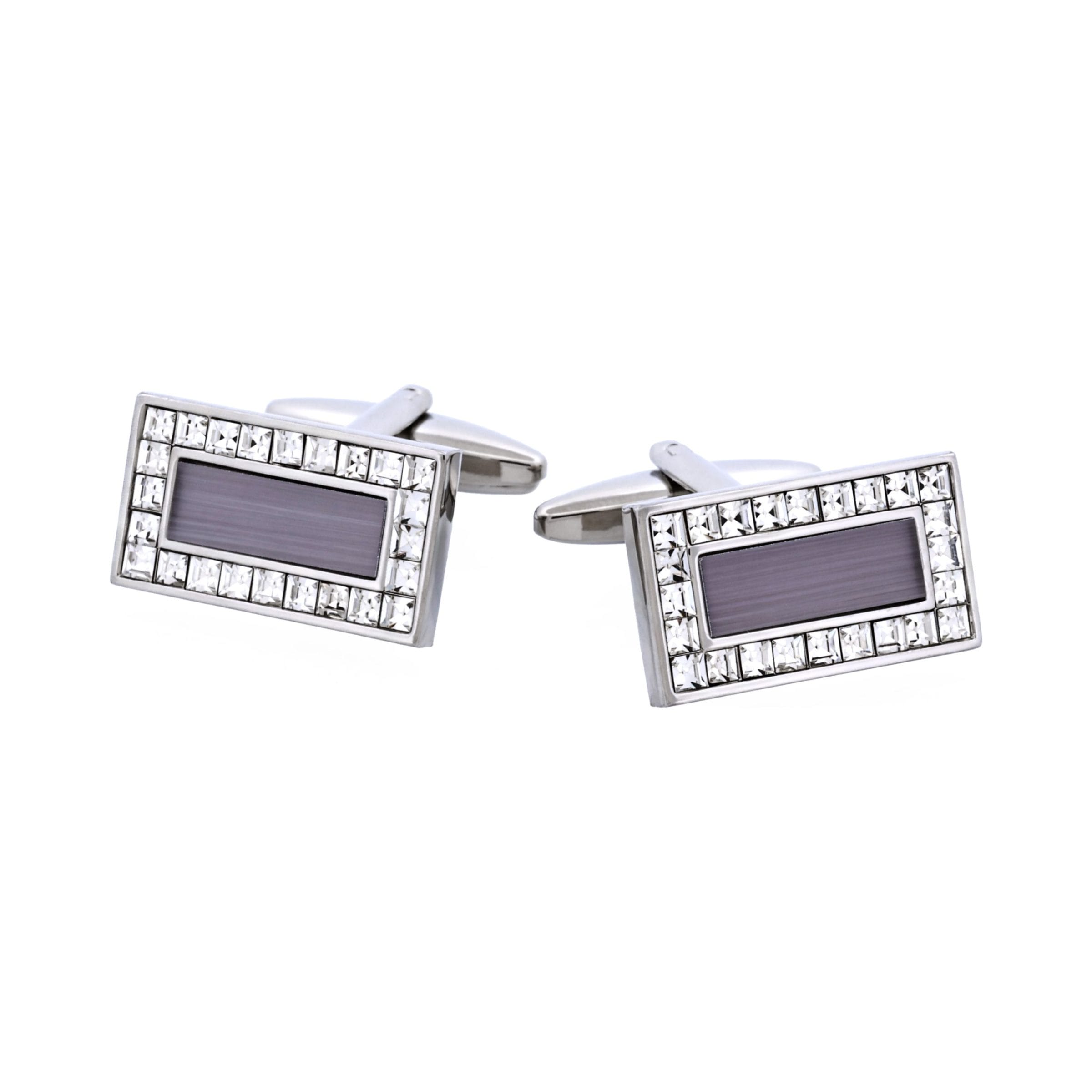Rhodium Plated Grey Cat's Eye & Crystal Rectangle Cufflinks