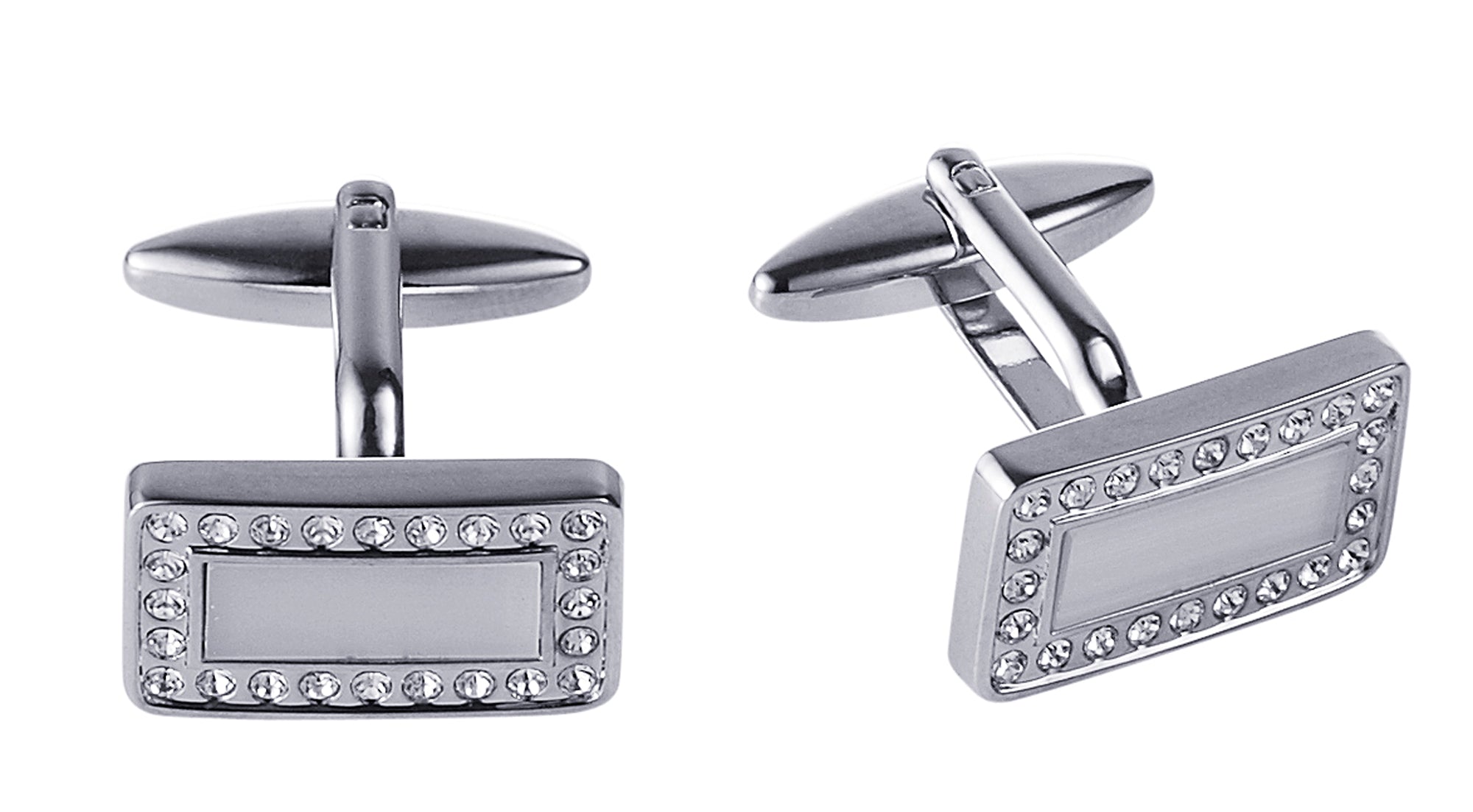 Rhodium Plated White Cat's Eye & Crystal Rectangle Cufflinks