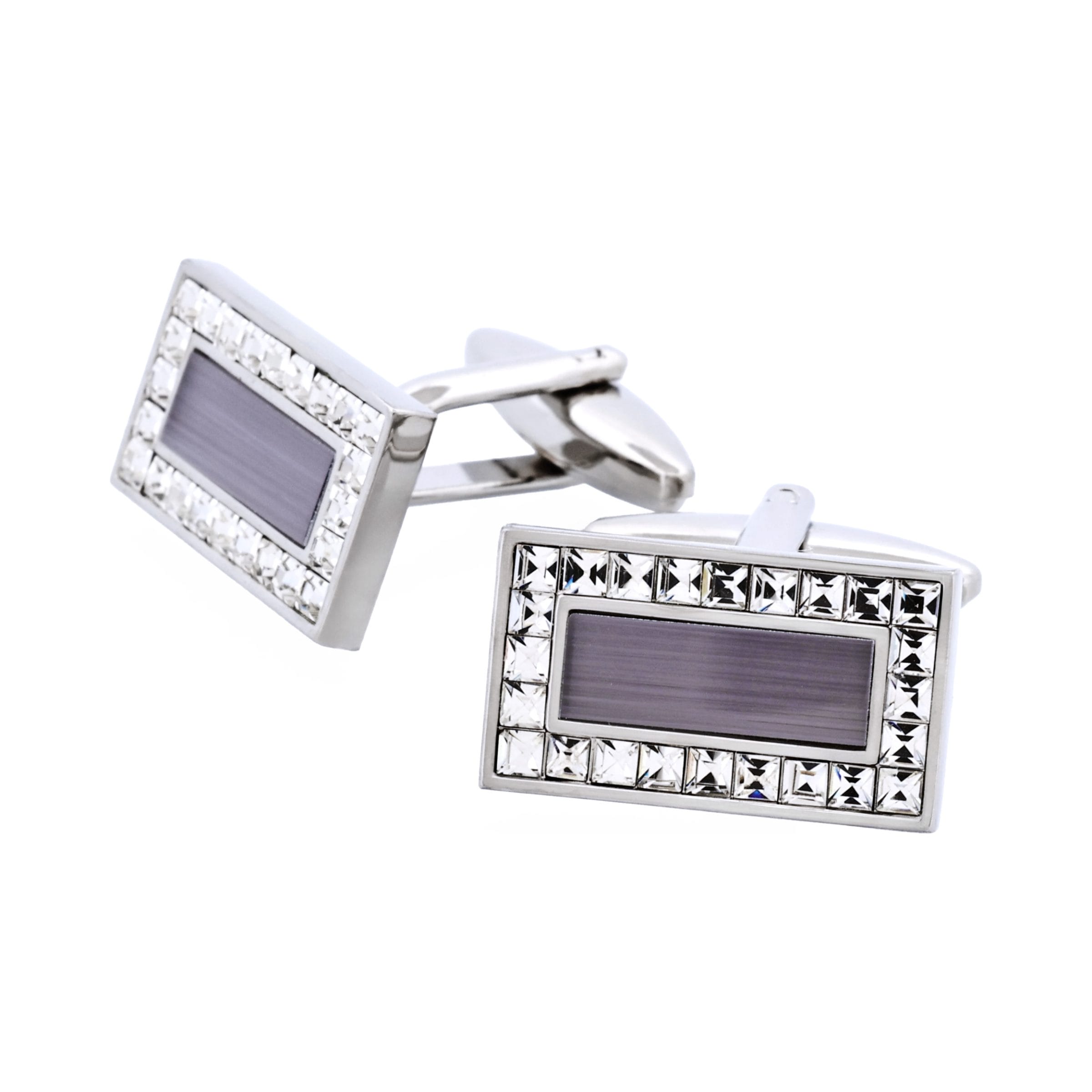 Rhodium Plated Grey Cat's Eye & Crystal Rectangle Cufflinks