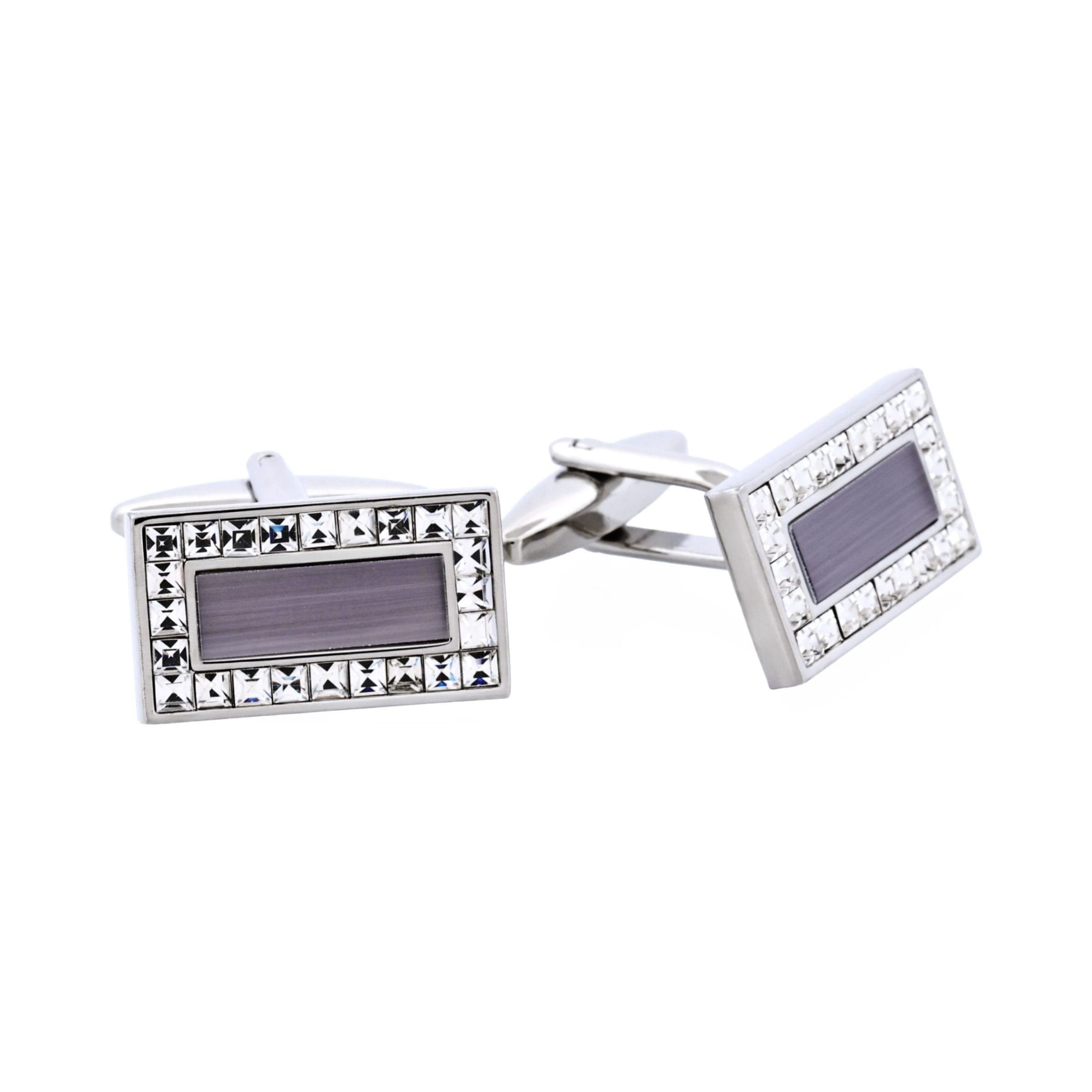 Rhodium Plated Grey Cat's Eye & Crystal Rectangle Cufflinks