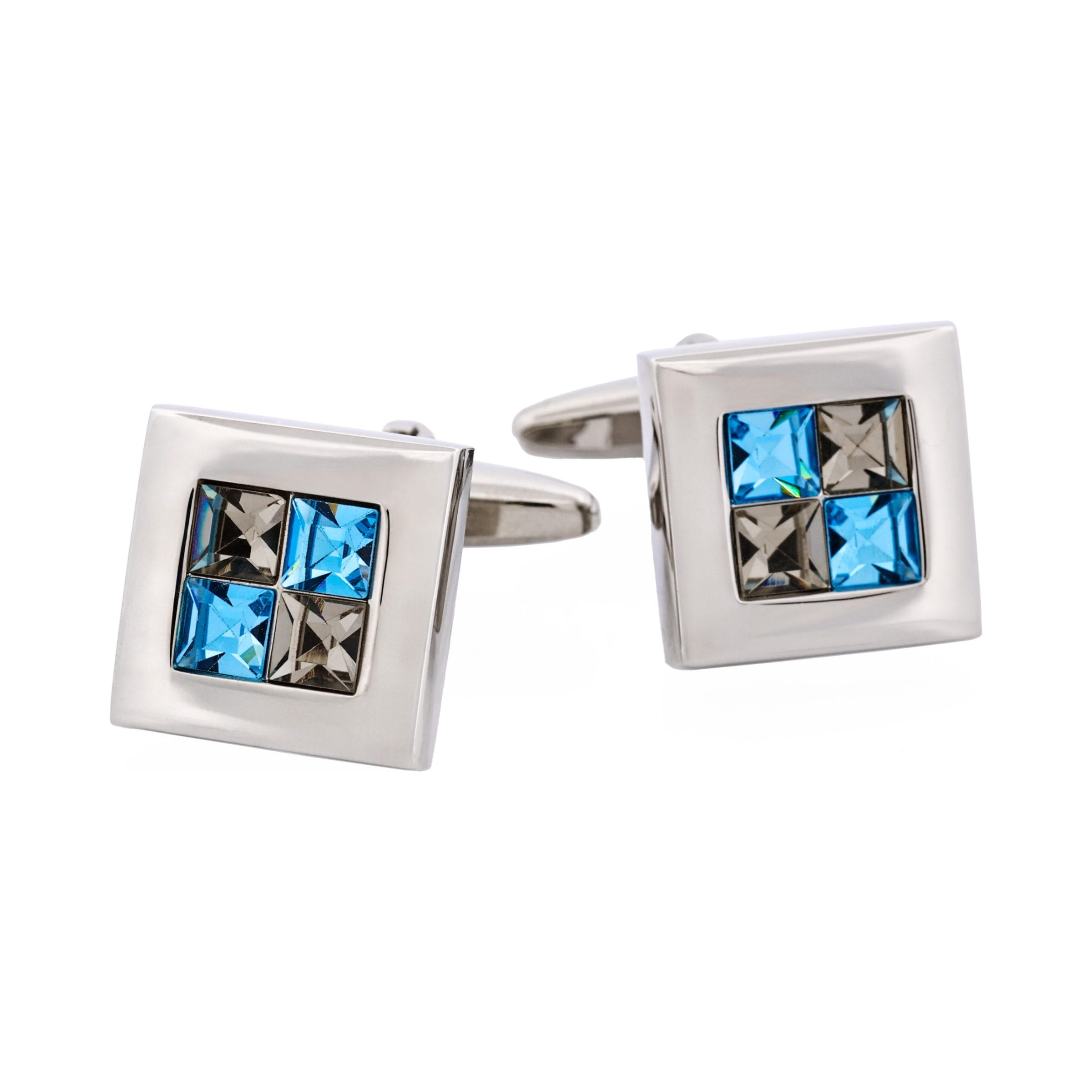 Rhodium Plated Black Diamond & Aquamarine Crystal Check Cufflinks