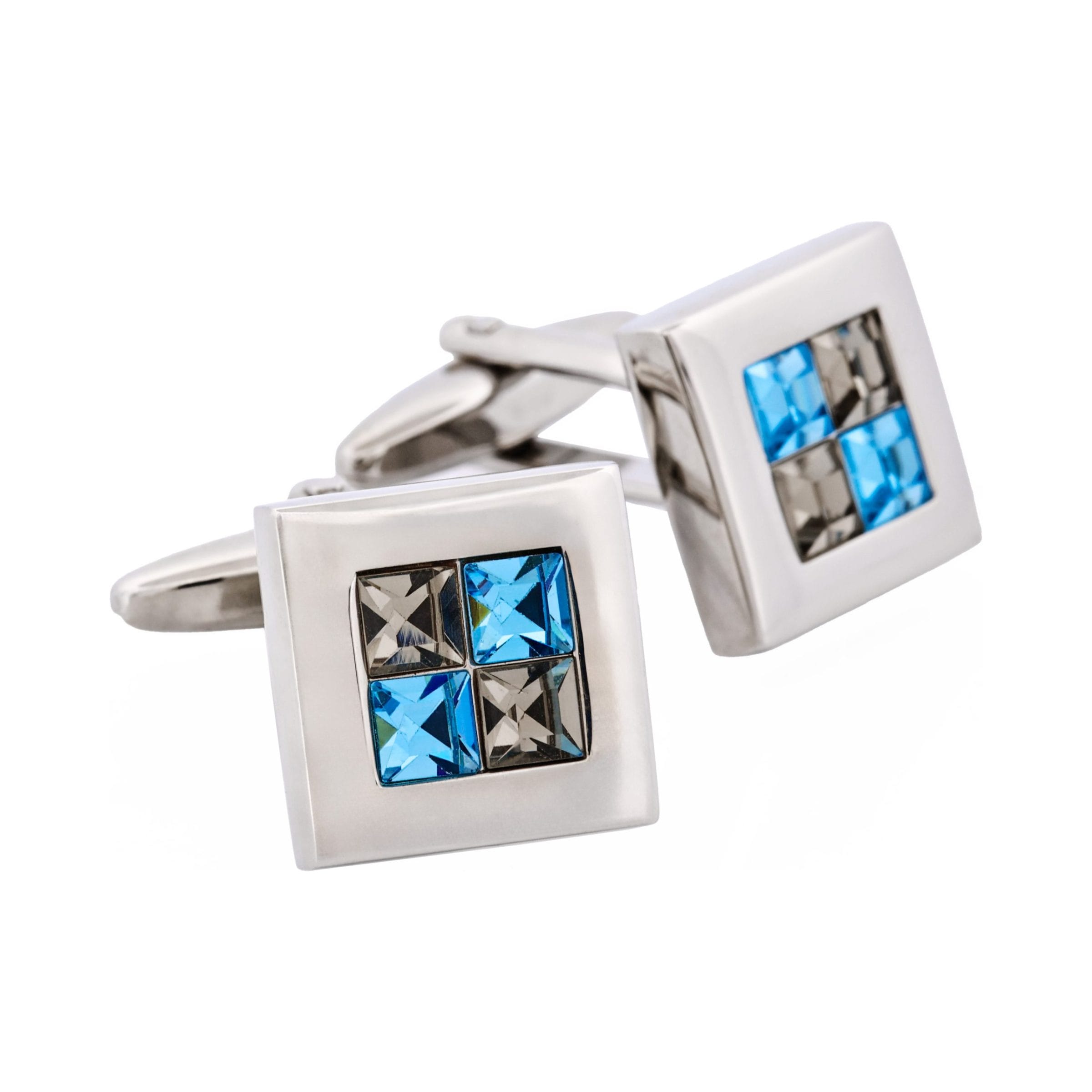 Rhodium Plated Black Diamond & Aquamarine Crystal Check Cufflinks