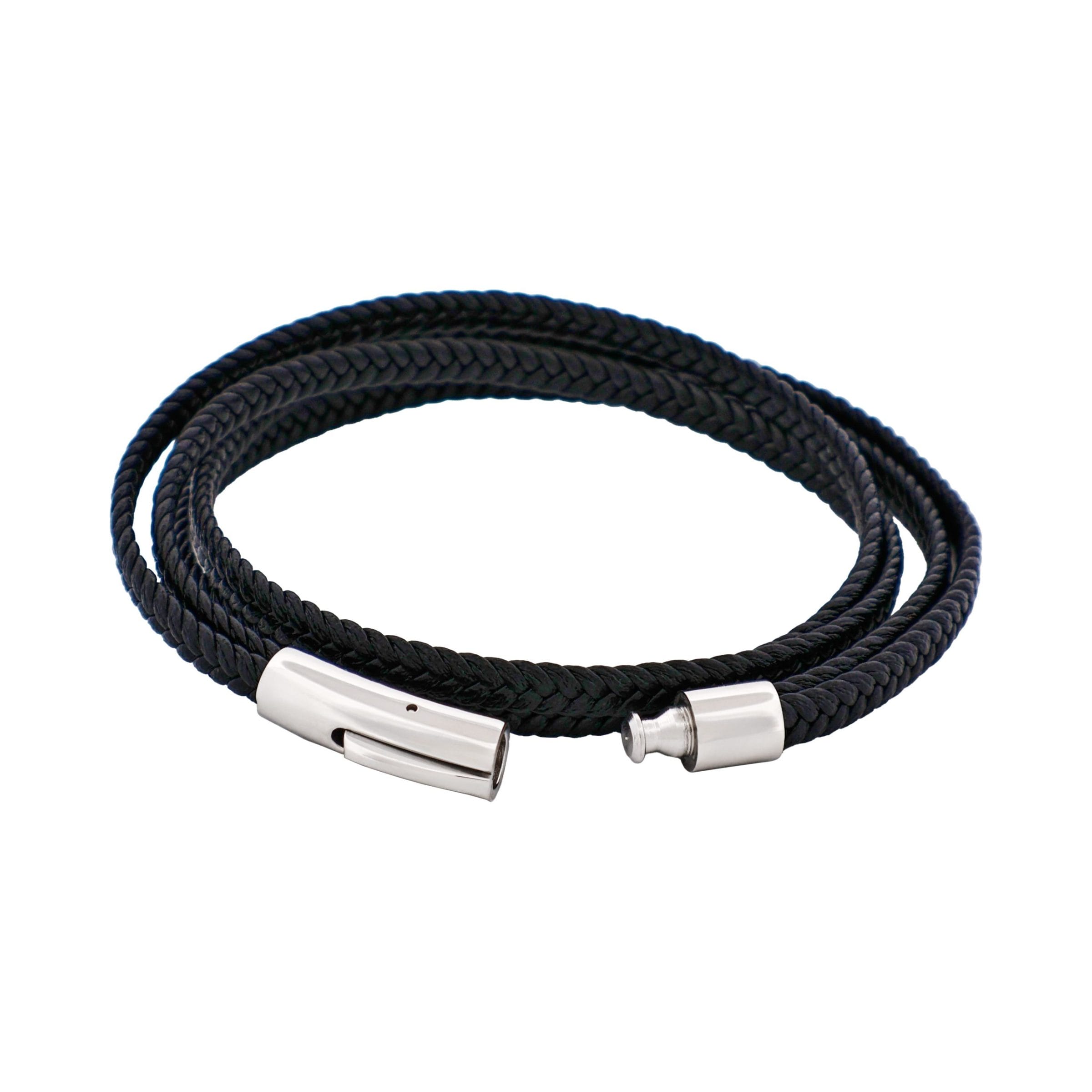 Stainless Steel & Black Leather Double Strand Bracelet