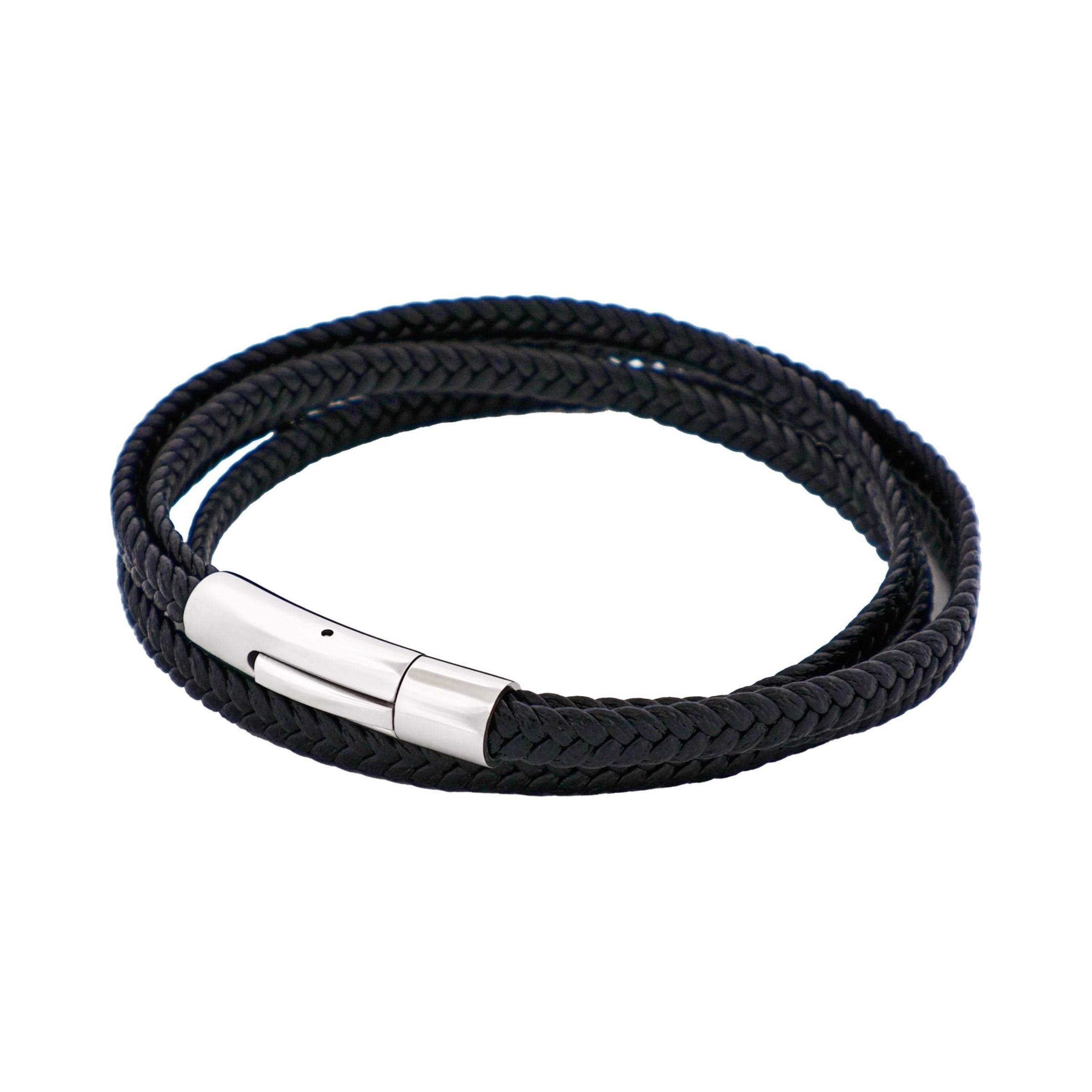 Stainless Steel & Black Leather Double Strand Bracelet