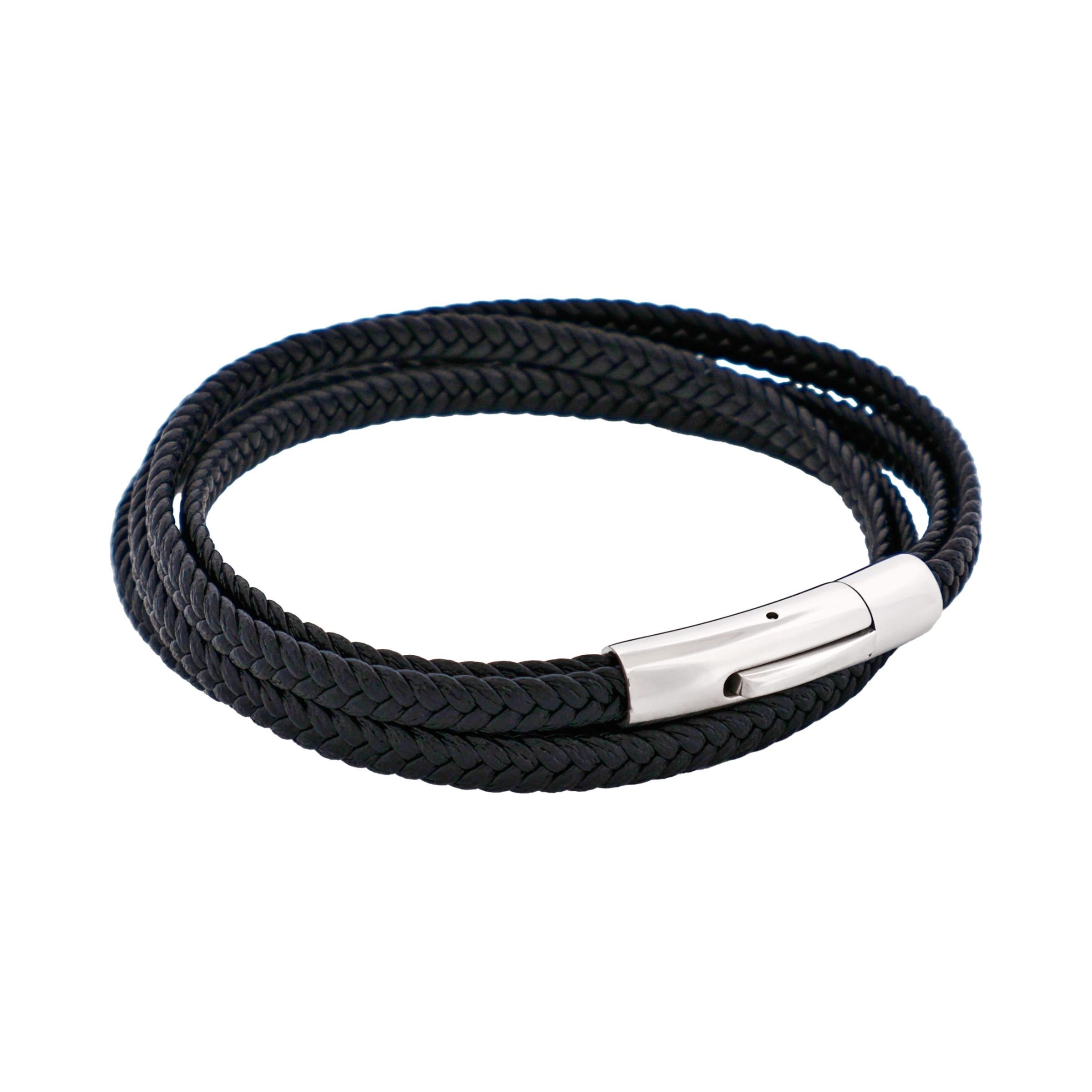 Stainless Steel & Black Leather Double Strand Bracelet