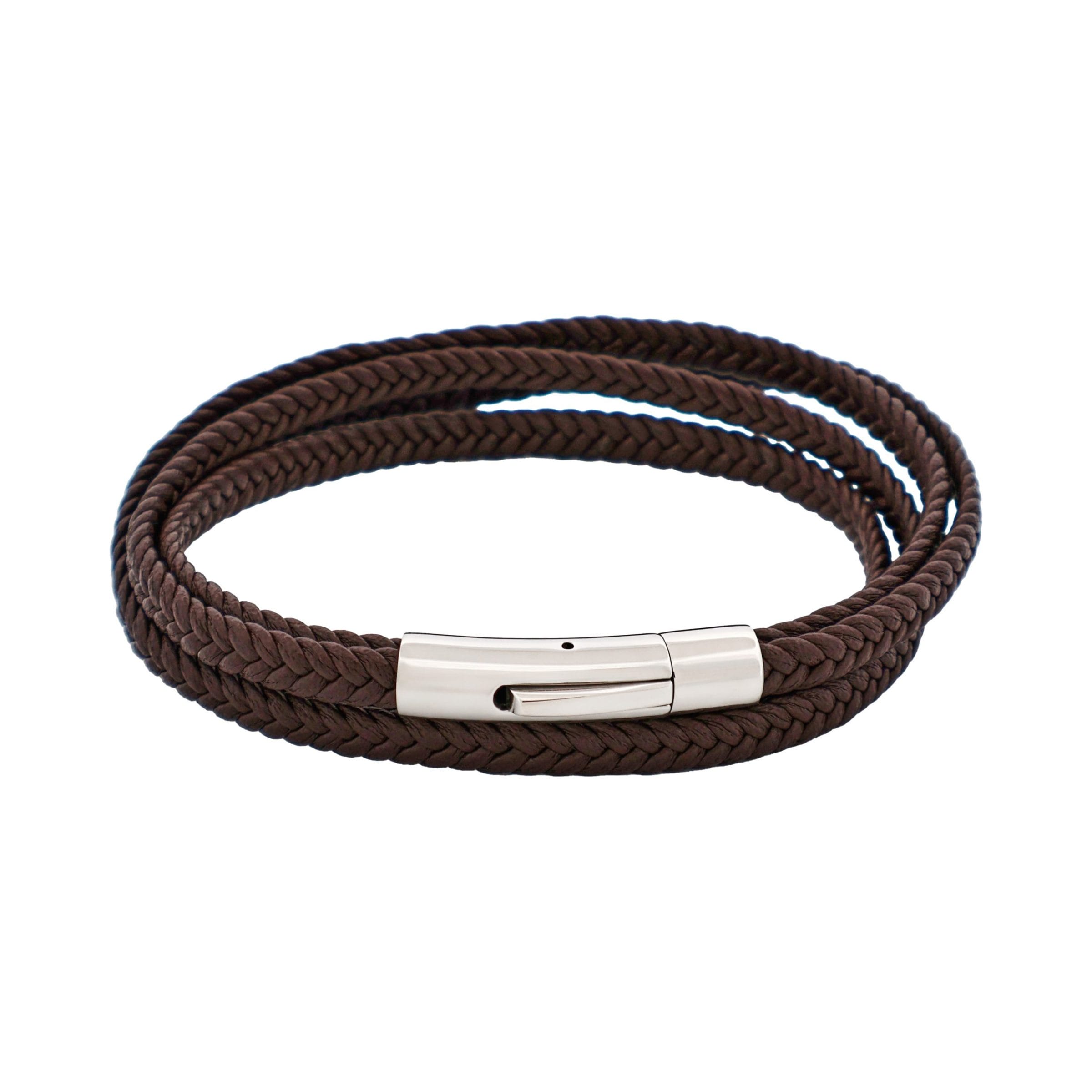 Stainless Steel & Brown Leather Double Strand Bracelet