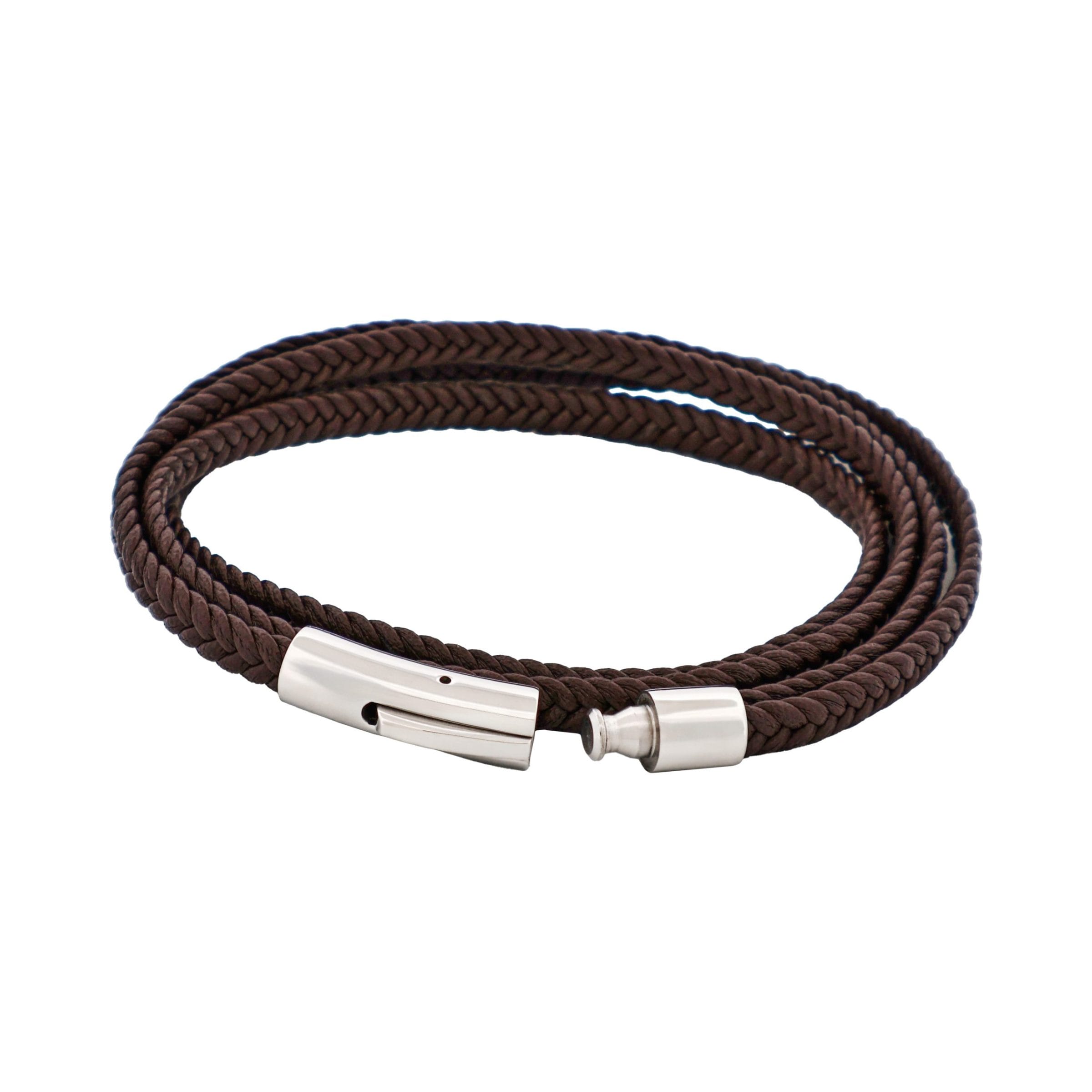 Stainless Steel & Brown Leather Double Strand Bracelet