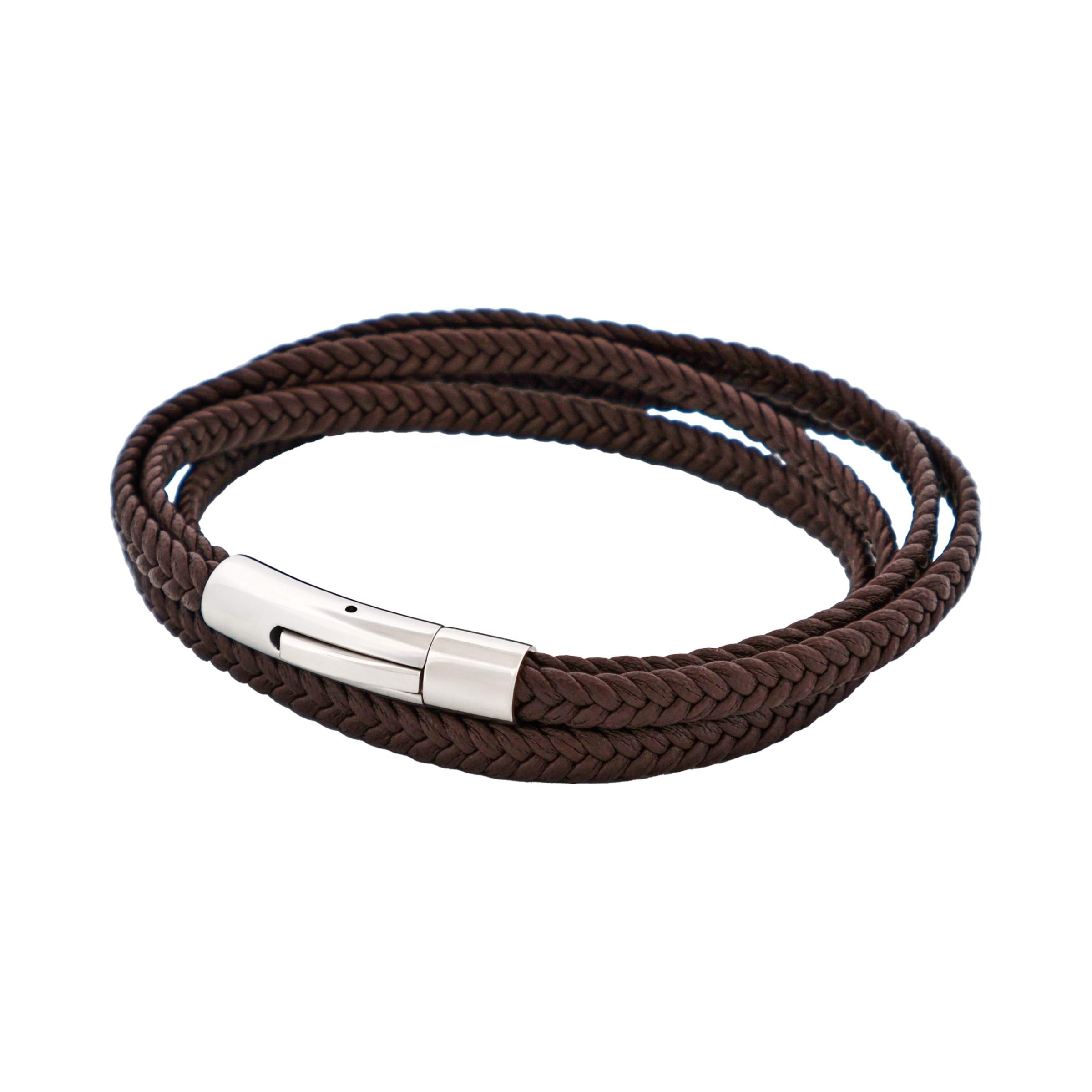 Stainless Steel & Brown Leather Double Strand Bracelet