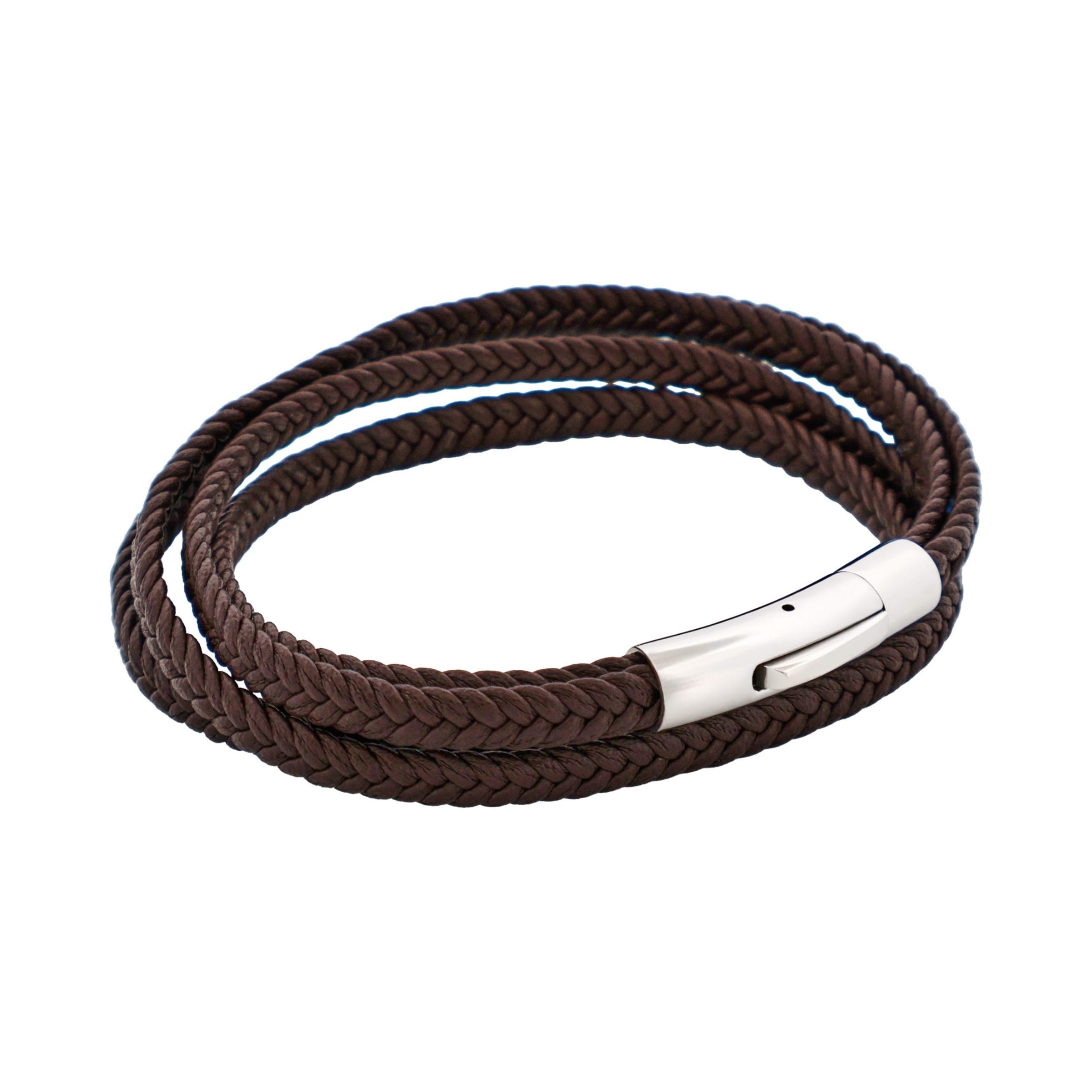 Stainless Steel & Brown Leather Double Strand Bracelet
