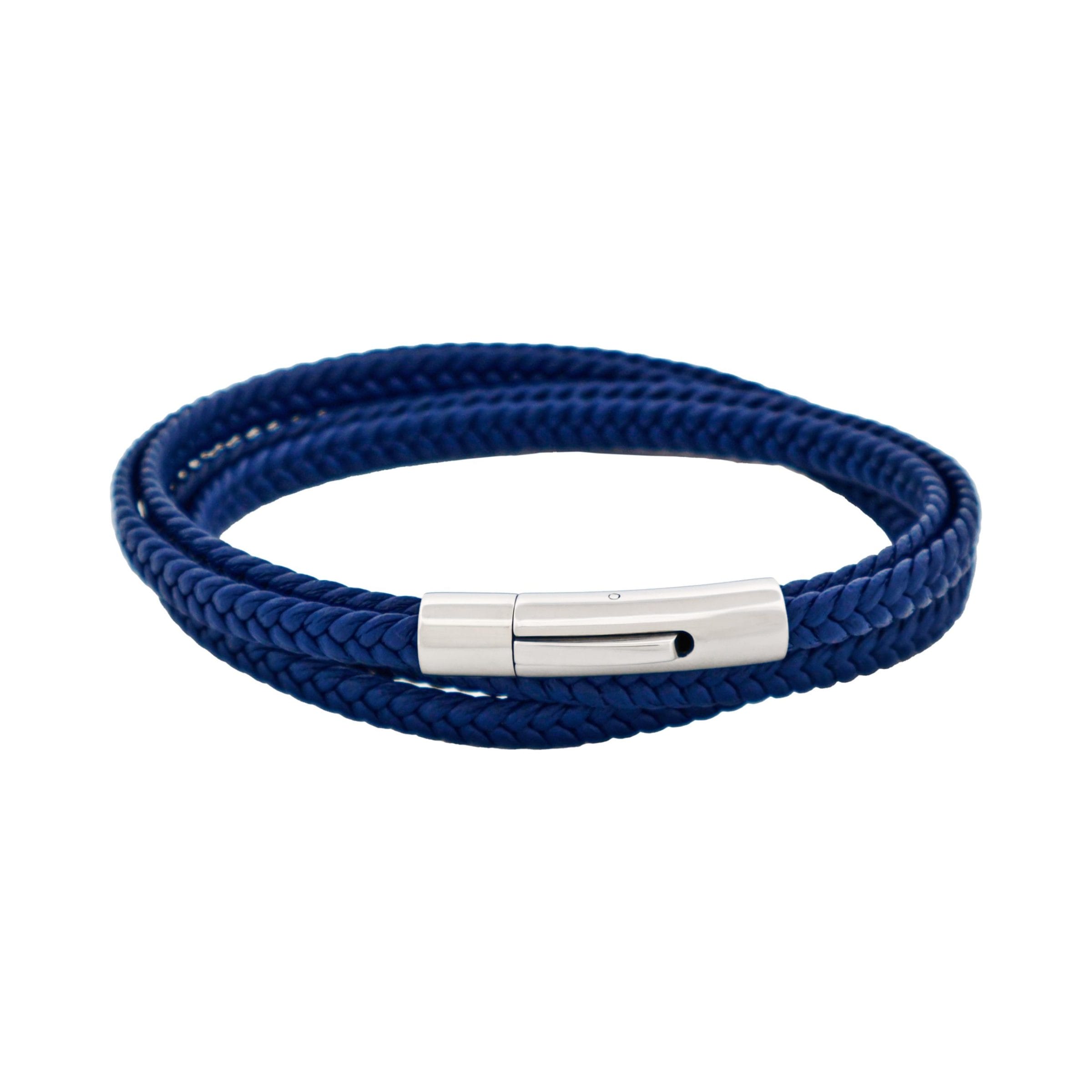 Stainless Steel & Blue Leather Double Strand Bracelet