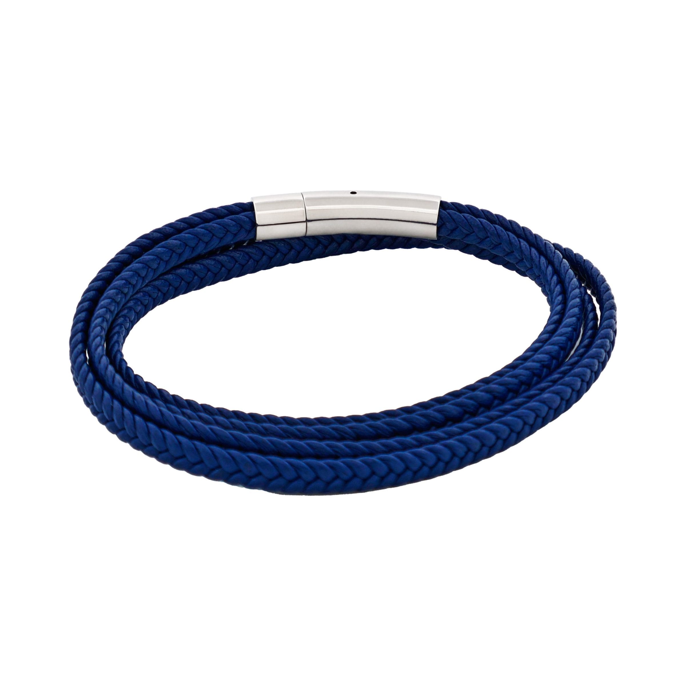 Stainless Steel & Blue Leather Double Strand Bracelet