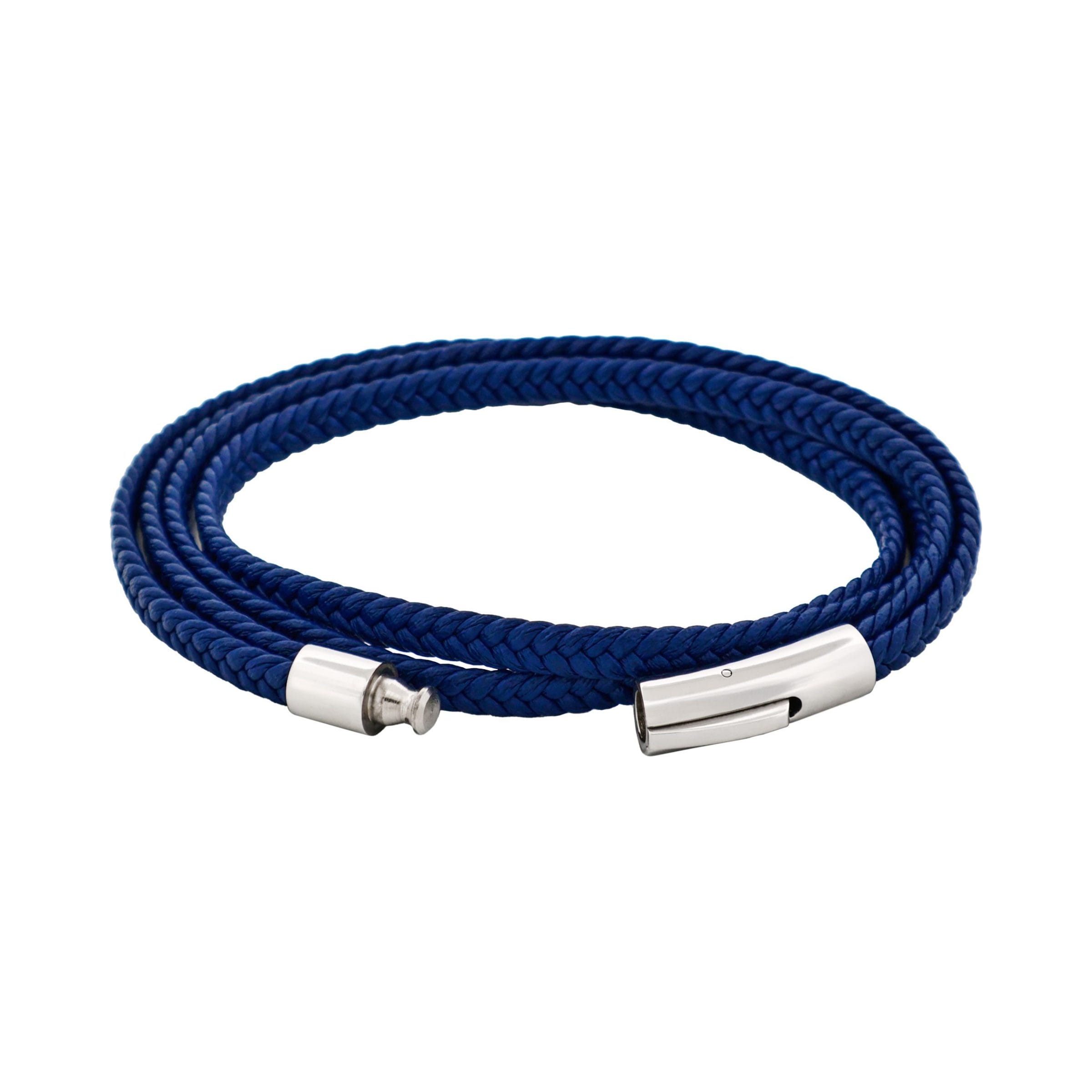 Stainless Steel & Blue Leather Double Strand Bracelet