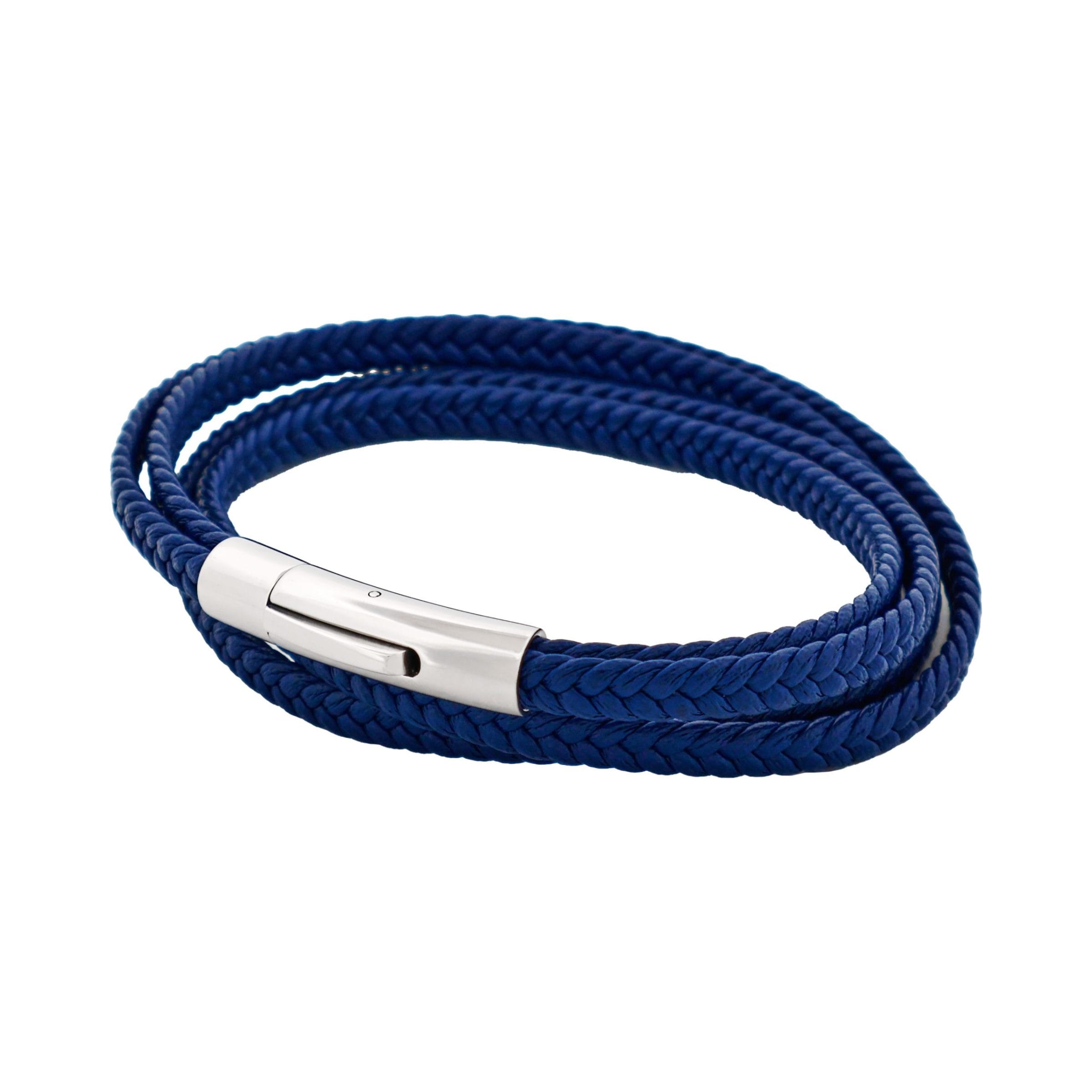 Stainless Steel & Blue Leather Double Strand Bracelet