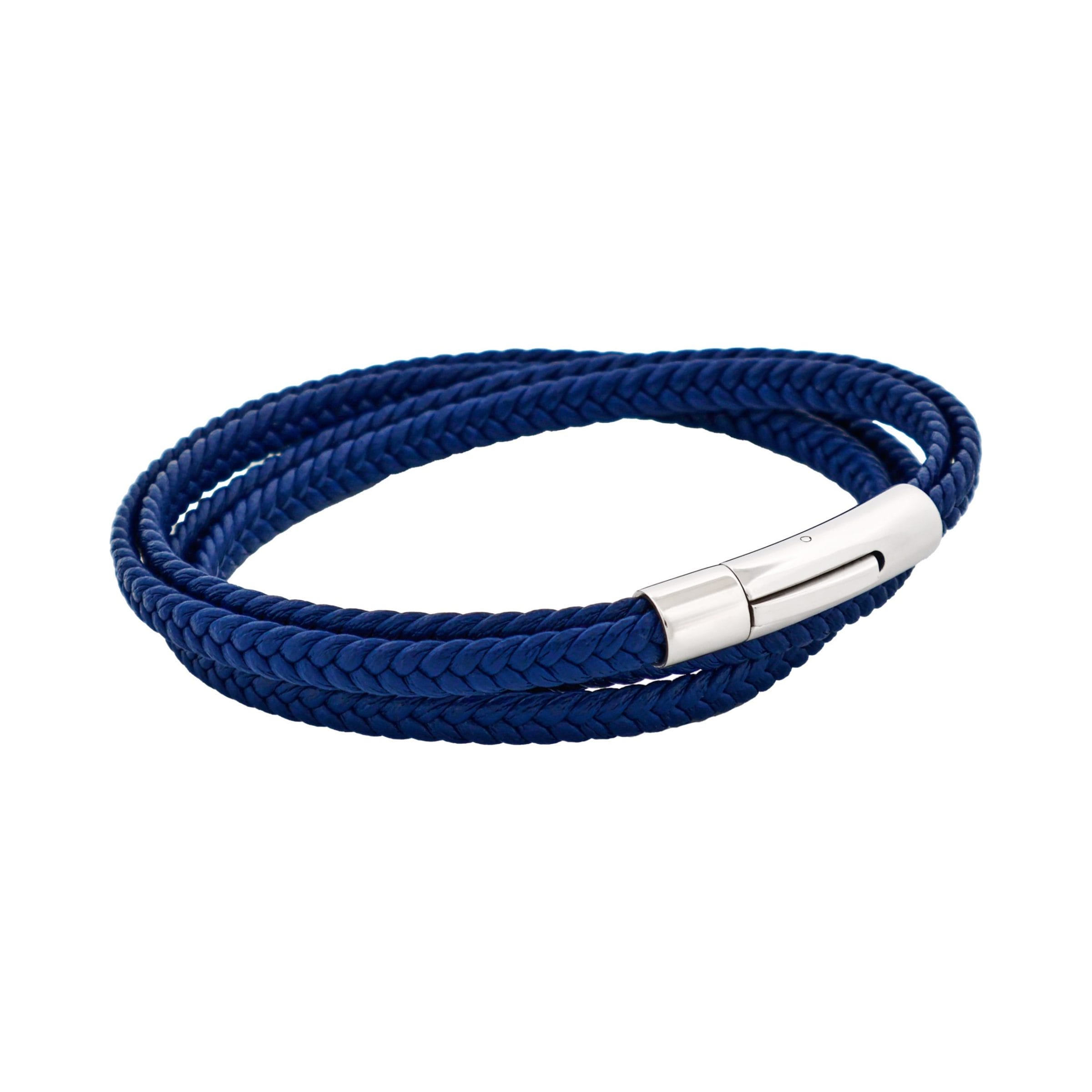 Stainless Steel & Blue Leather Double Strand Bracelet