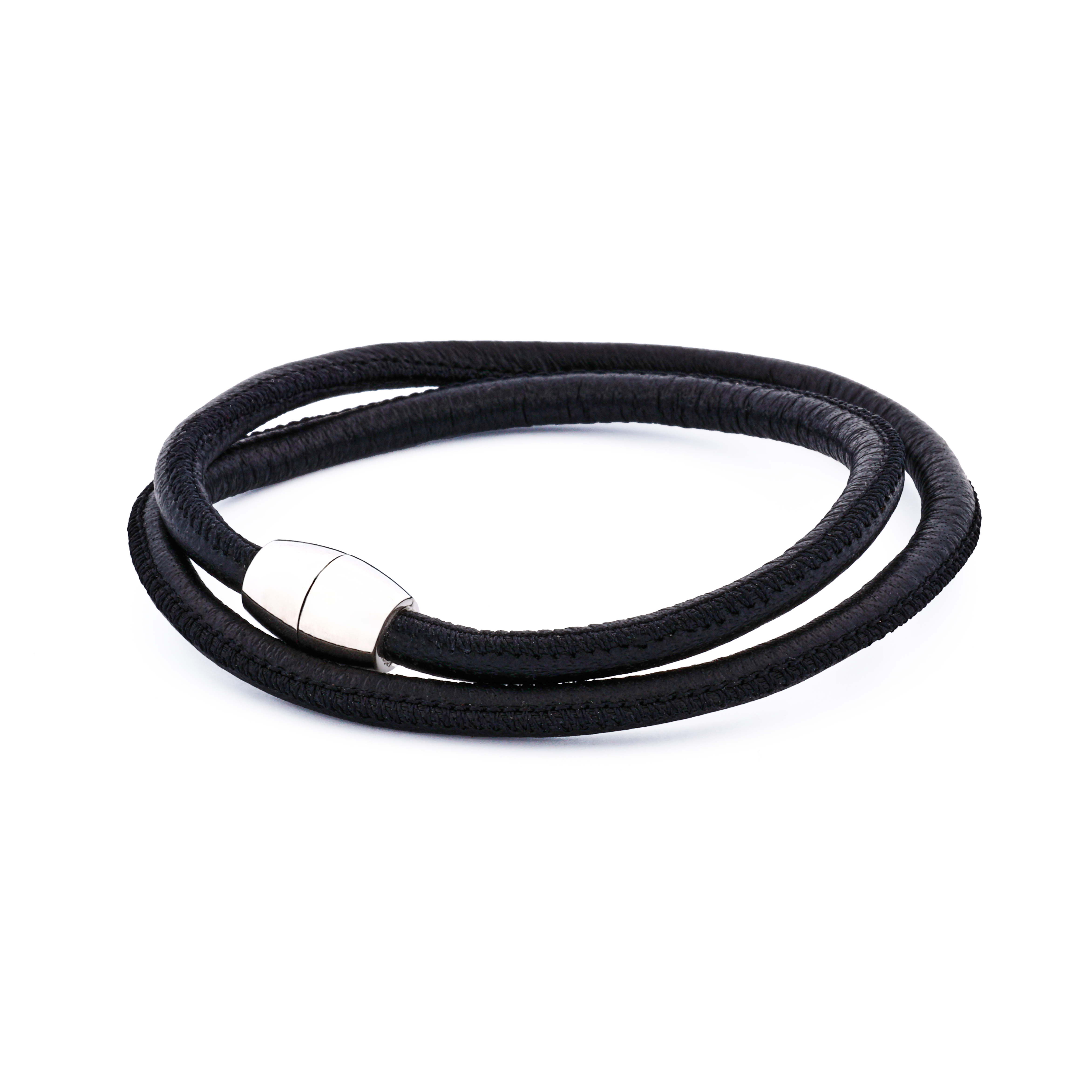 Black Lamb Leather Double wrap/Stainless Steel Bracelet