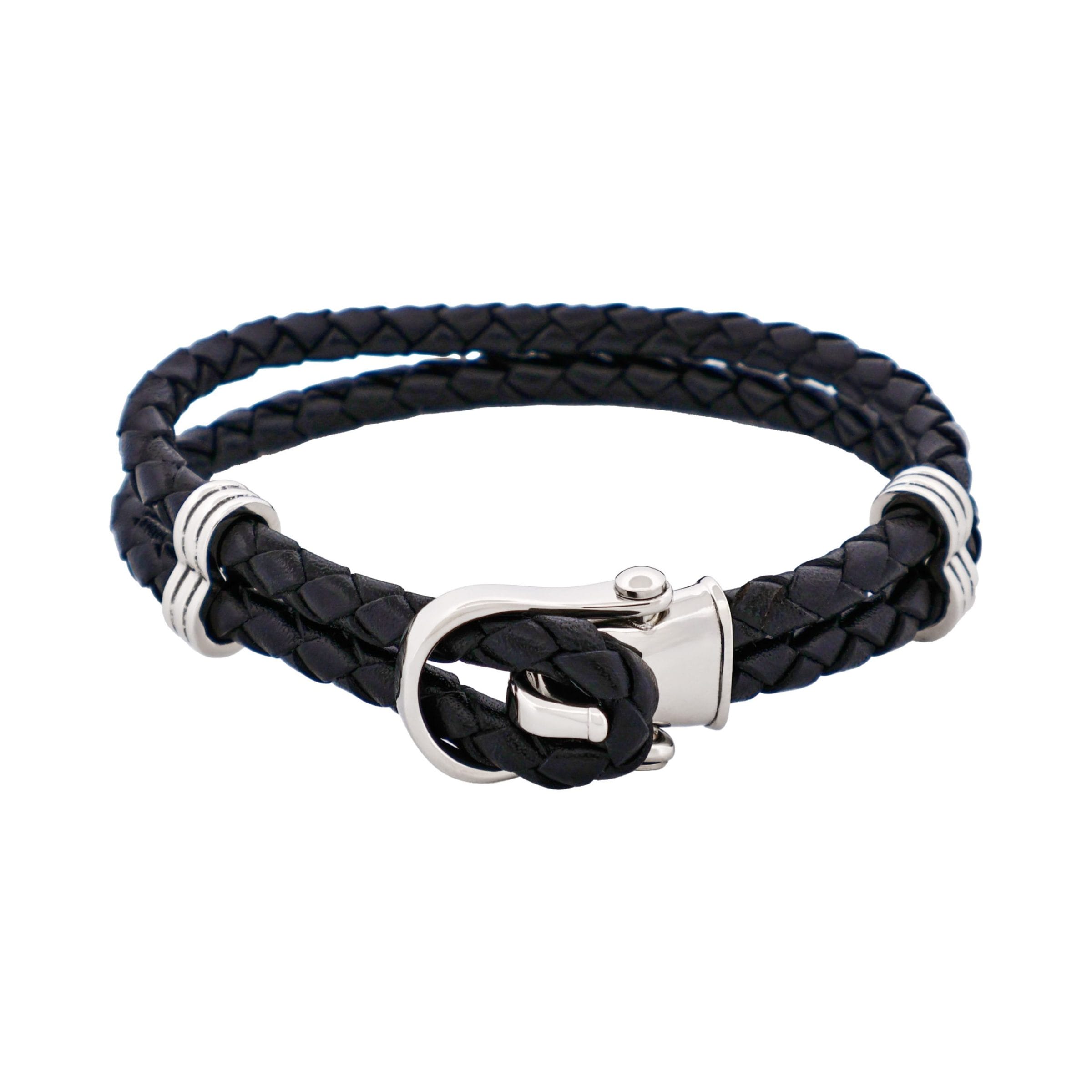 Polished Stainless Steel Buckle Black Leather Bracelet
