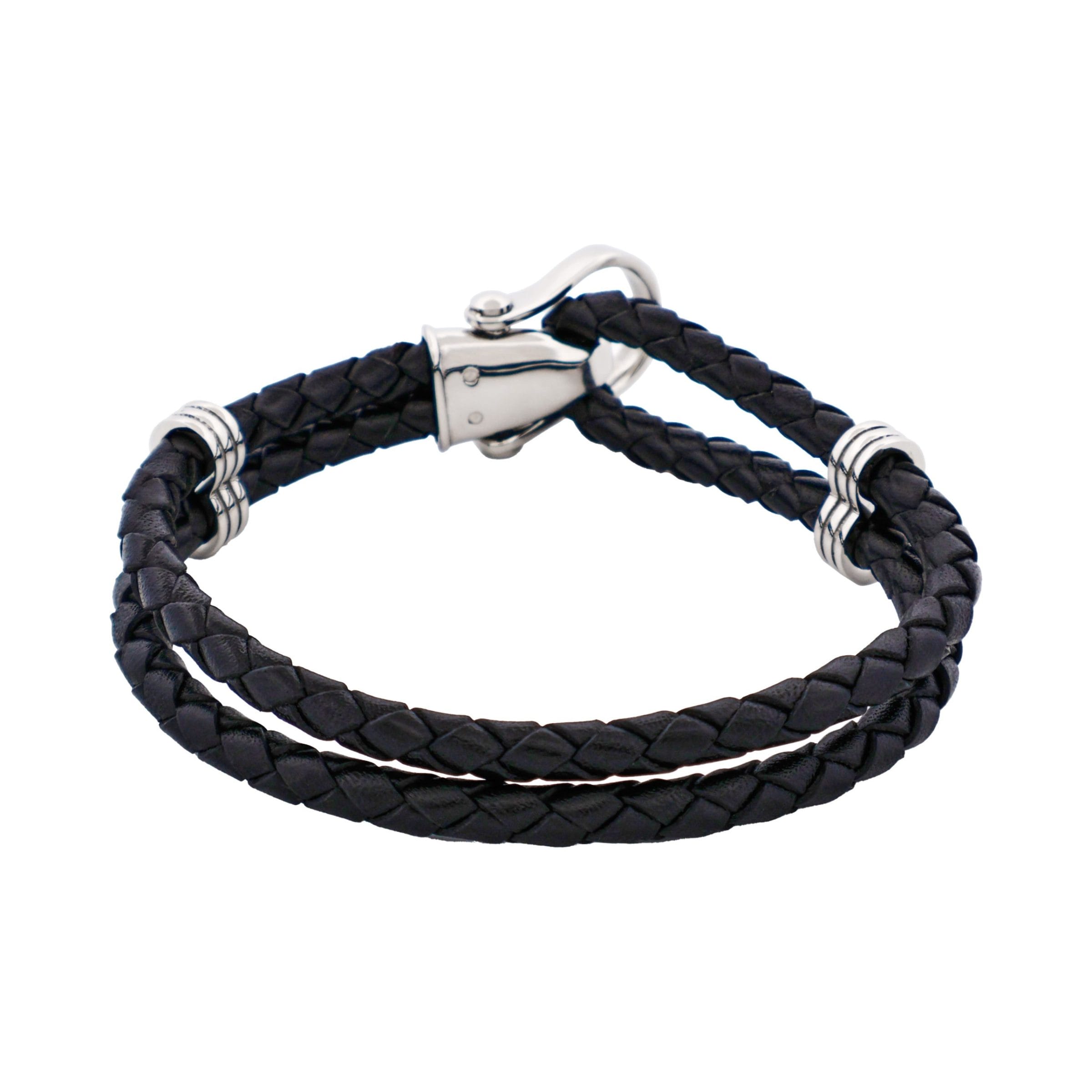 Polished Stainless Steel Buckle Black Leather Bracelet