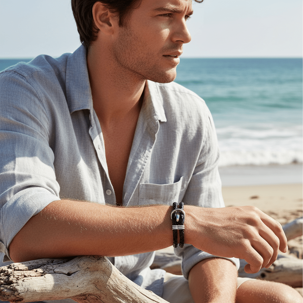 Polished Stainless Steel Buckle Black Leather Bracelet