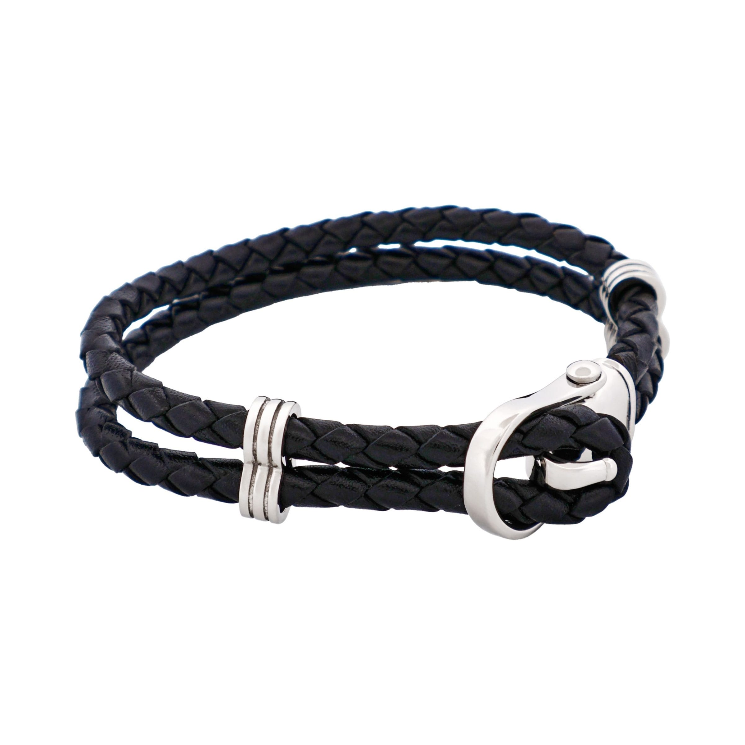 Polished Stainless Steel Buckle Black Leather Bracelet