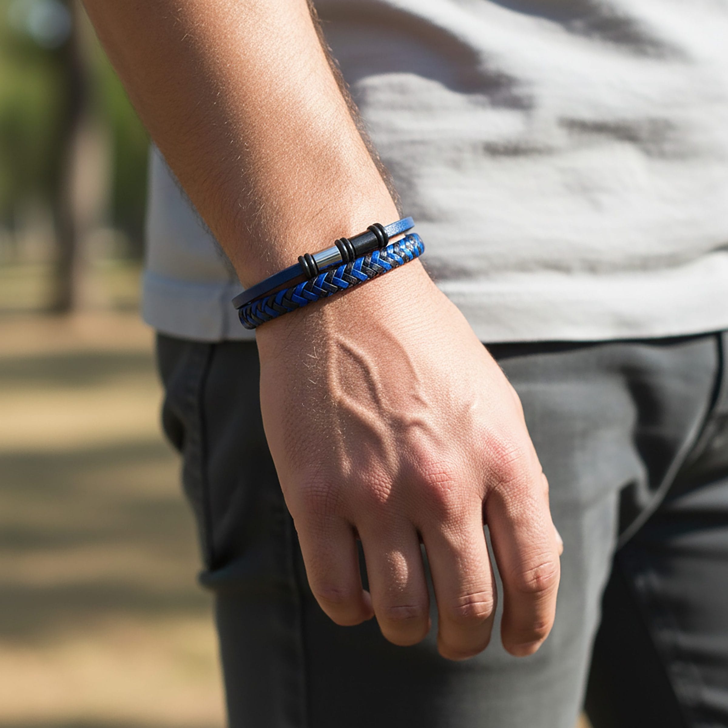Matt Stainless steel with Dark Blue leather bracelet