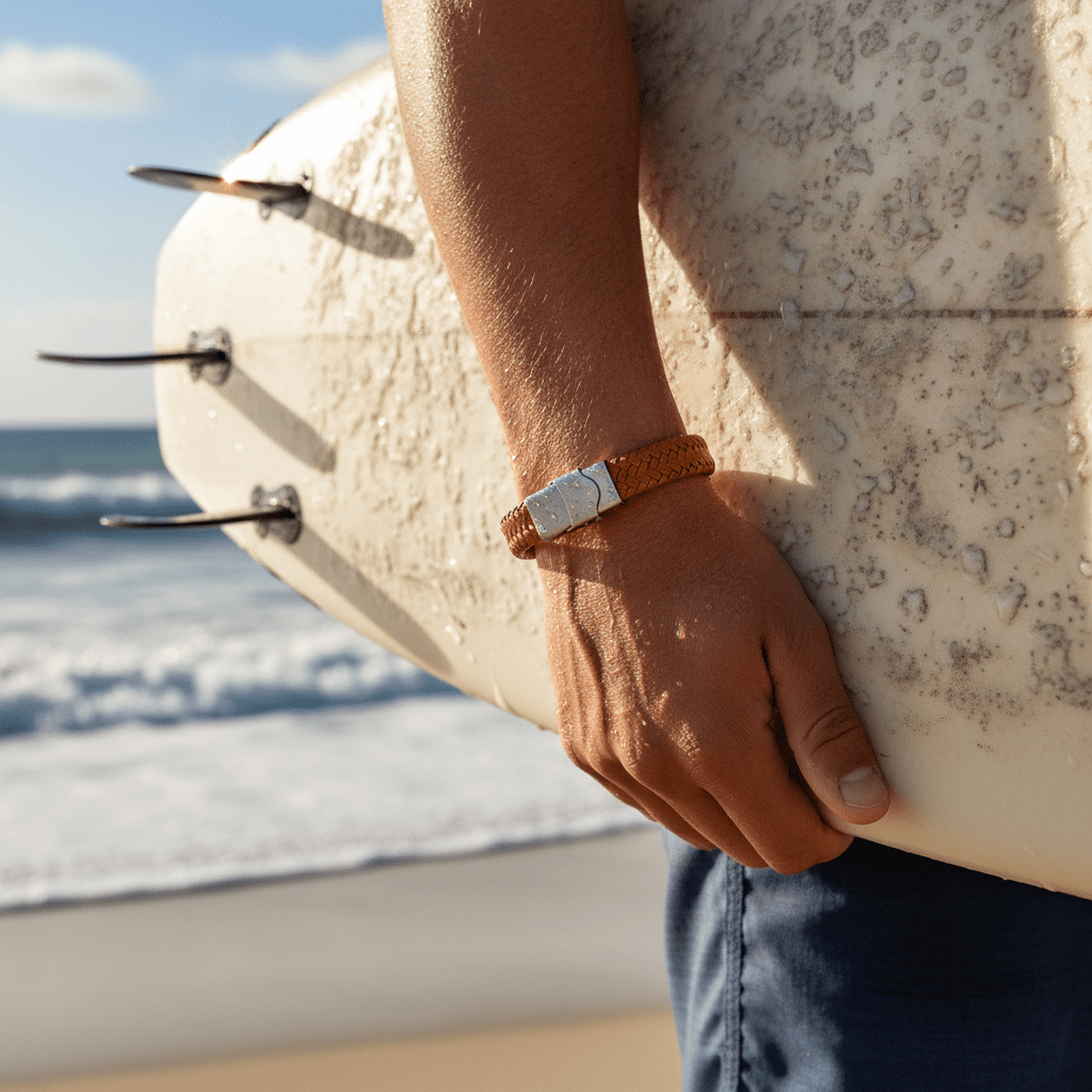 Matt Stainless steel with Brown cord bracelet