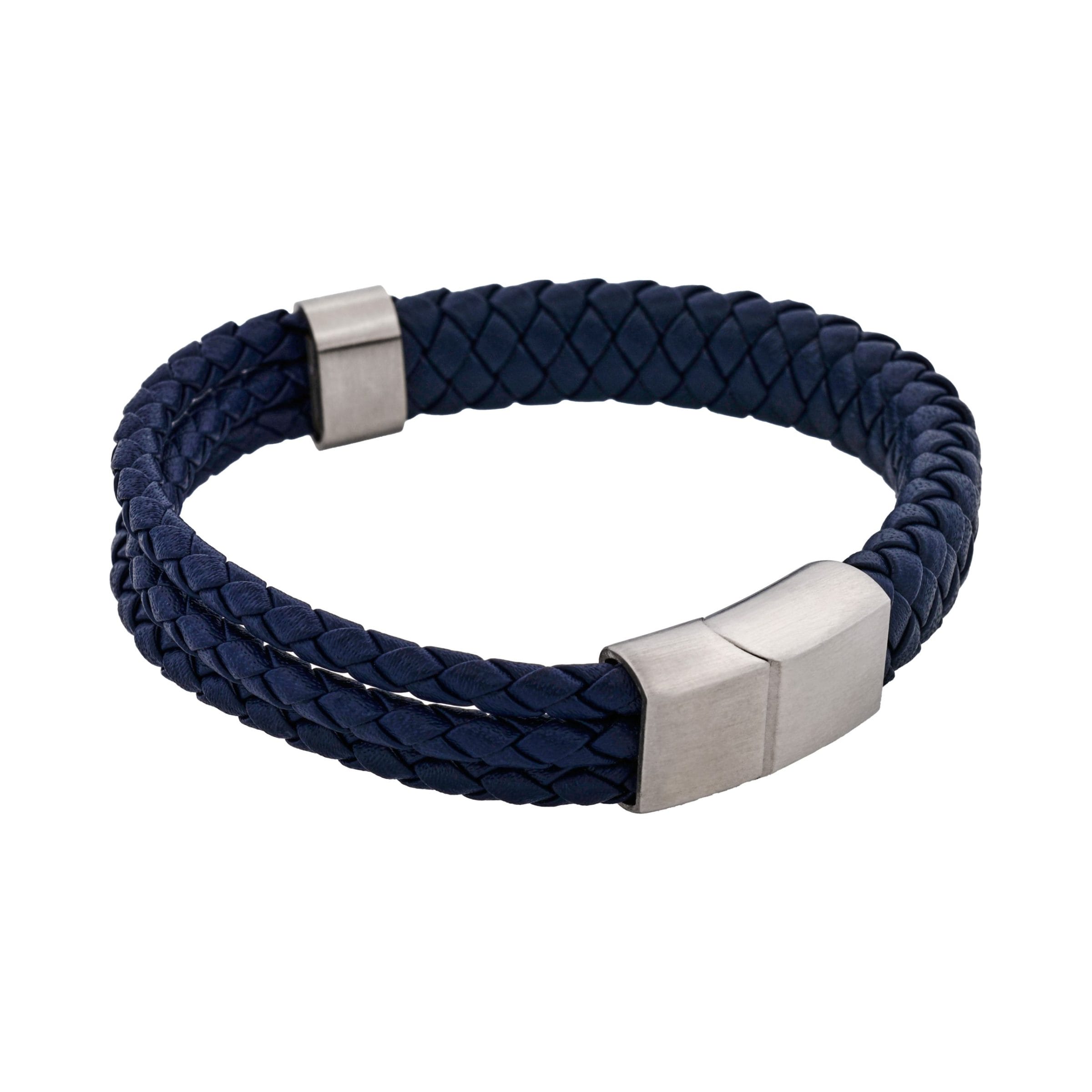 Matt Stainless steel leather Dark Blue rope bracelet