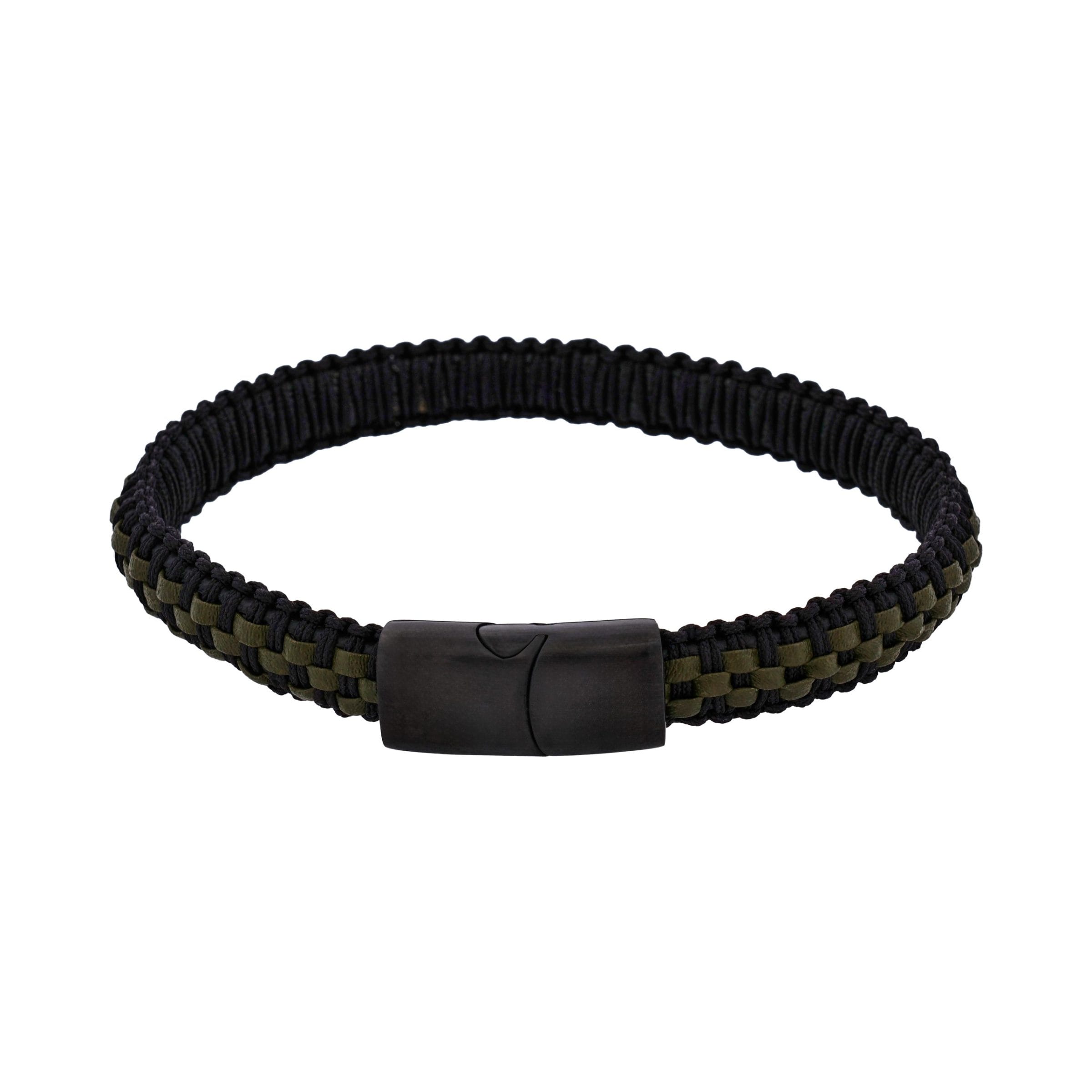Stainless steel Ion Plated Black with Dark Green leather bracelet