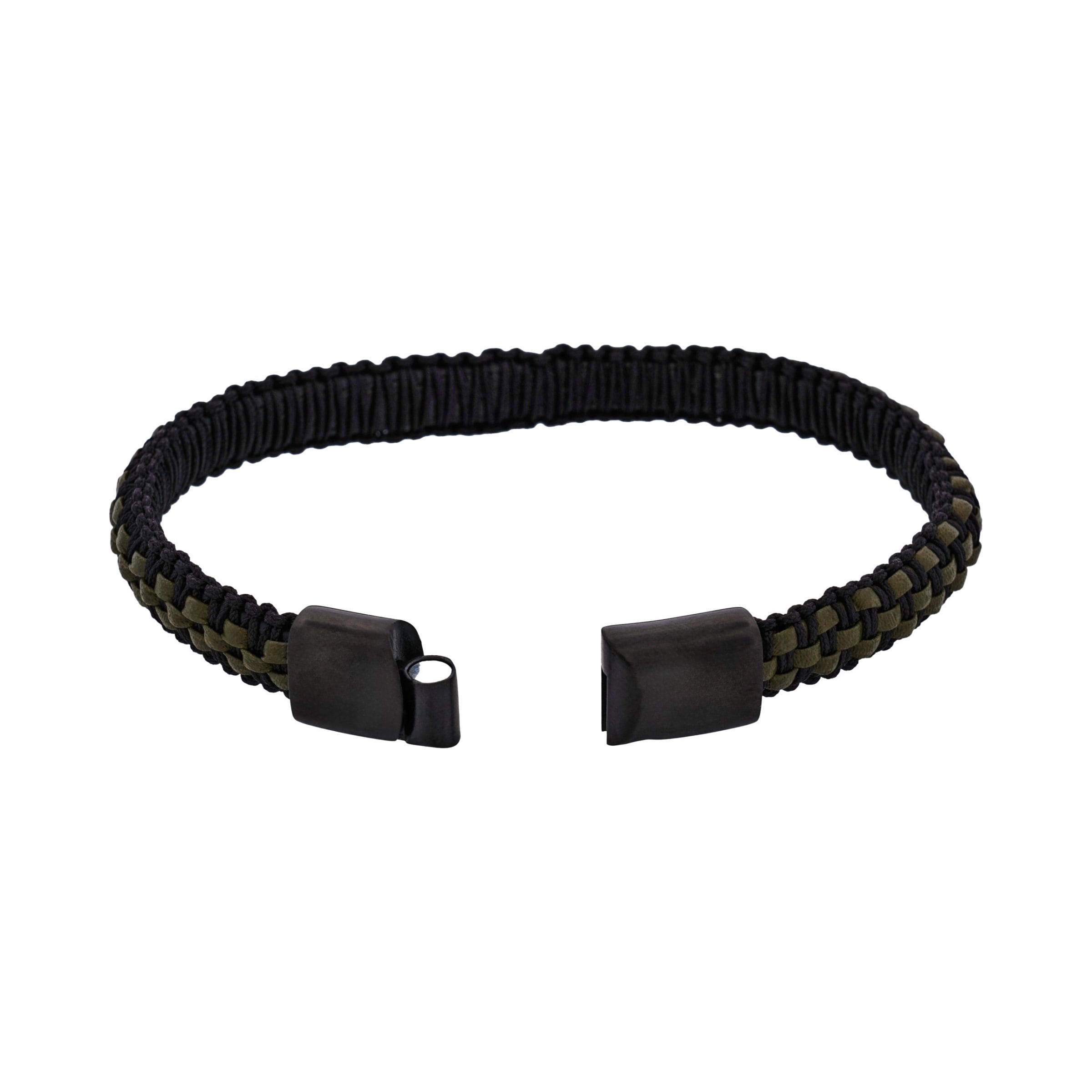 Stainless steel Ion Plated Black with Dark Green leather bracelet