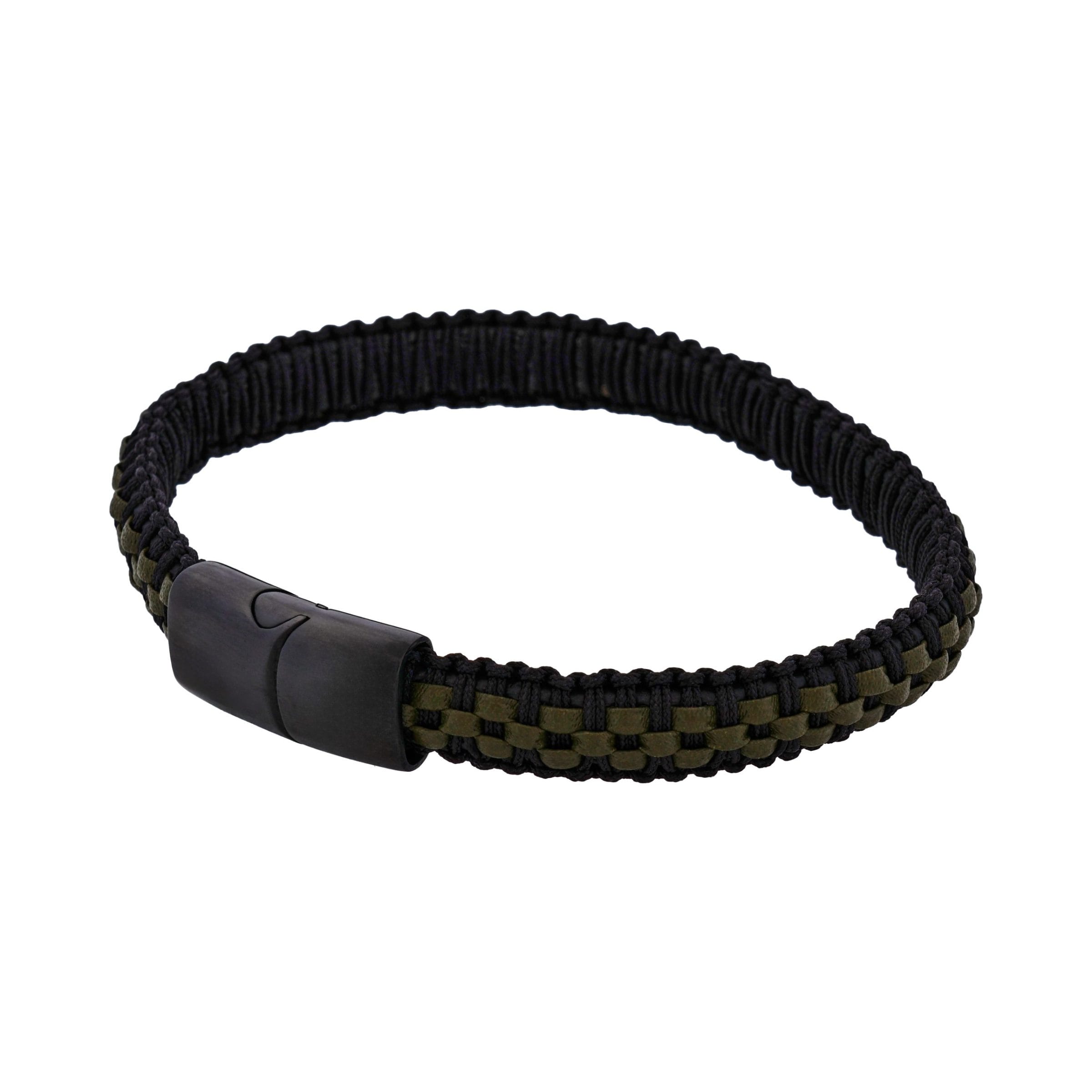 Stainless steel Ion Plated Black with Dark Green leather bracelet