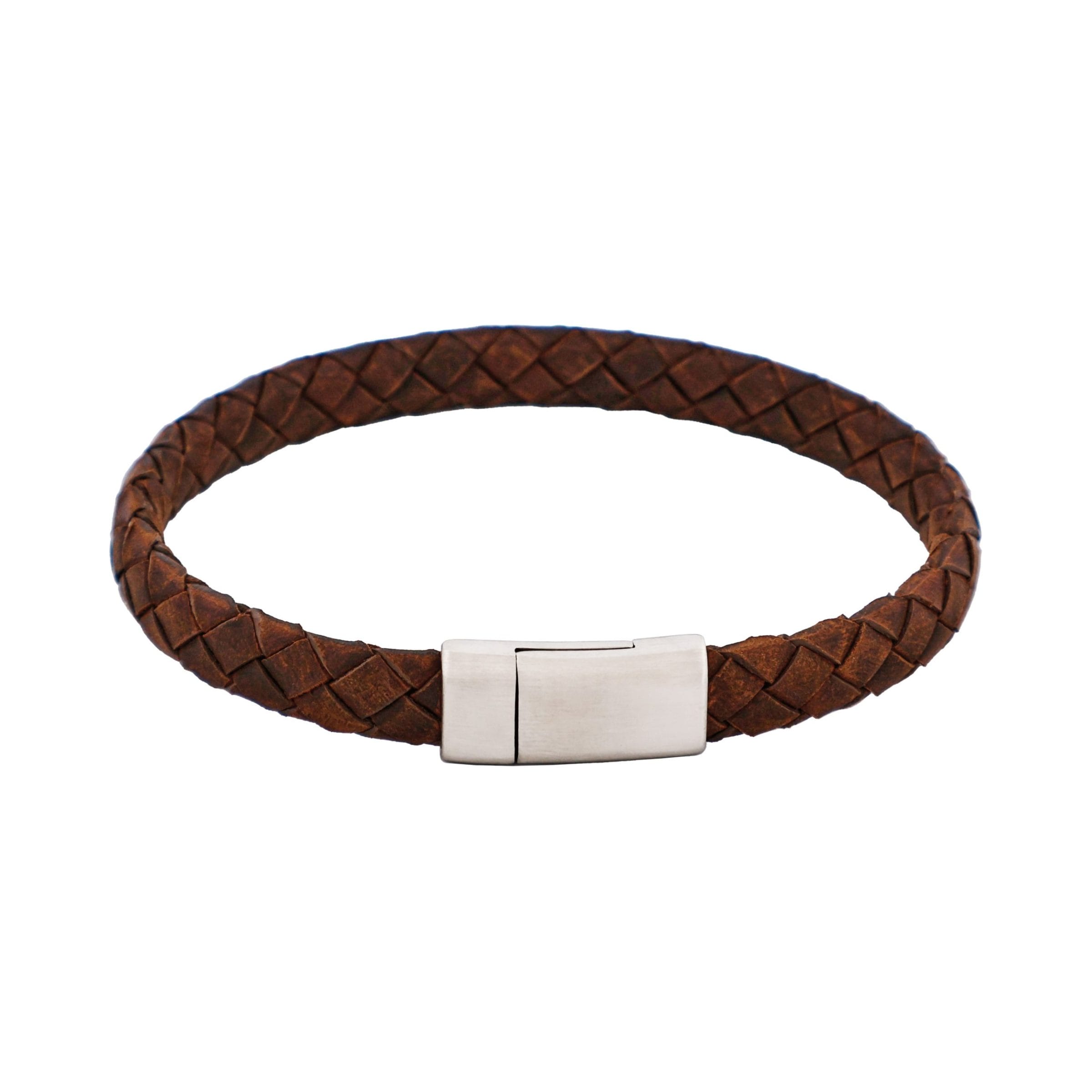 Thin Brown Italian Leather & Stainless Steel Bracelet